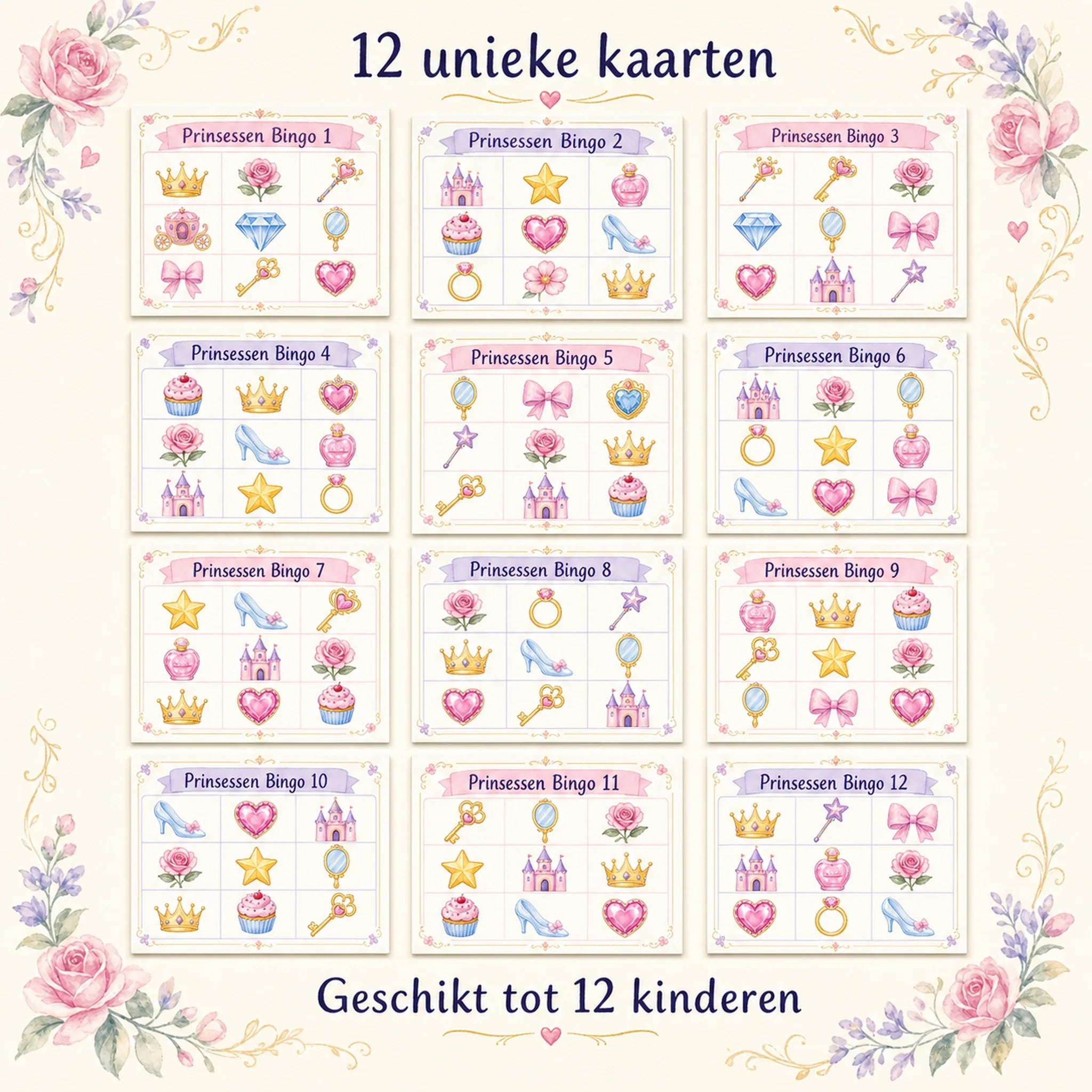Twaalf unieke prinsessen bingokaarten voor maximaal twaalf kinderen.