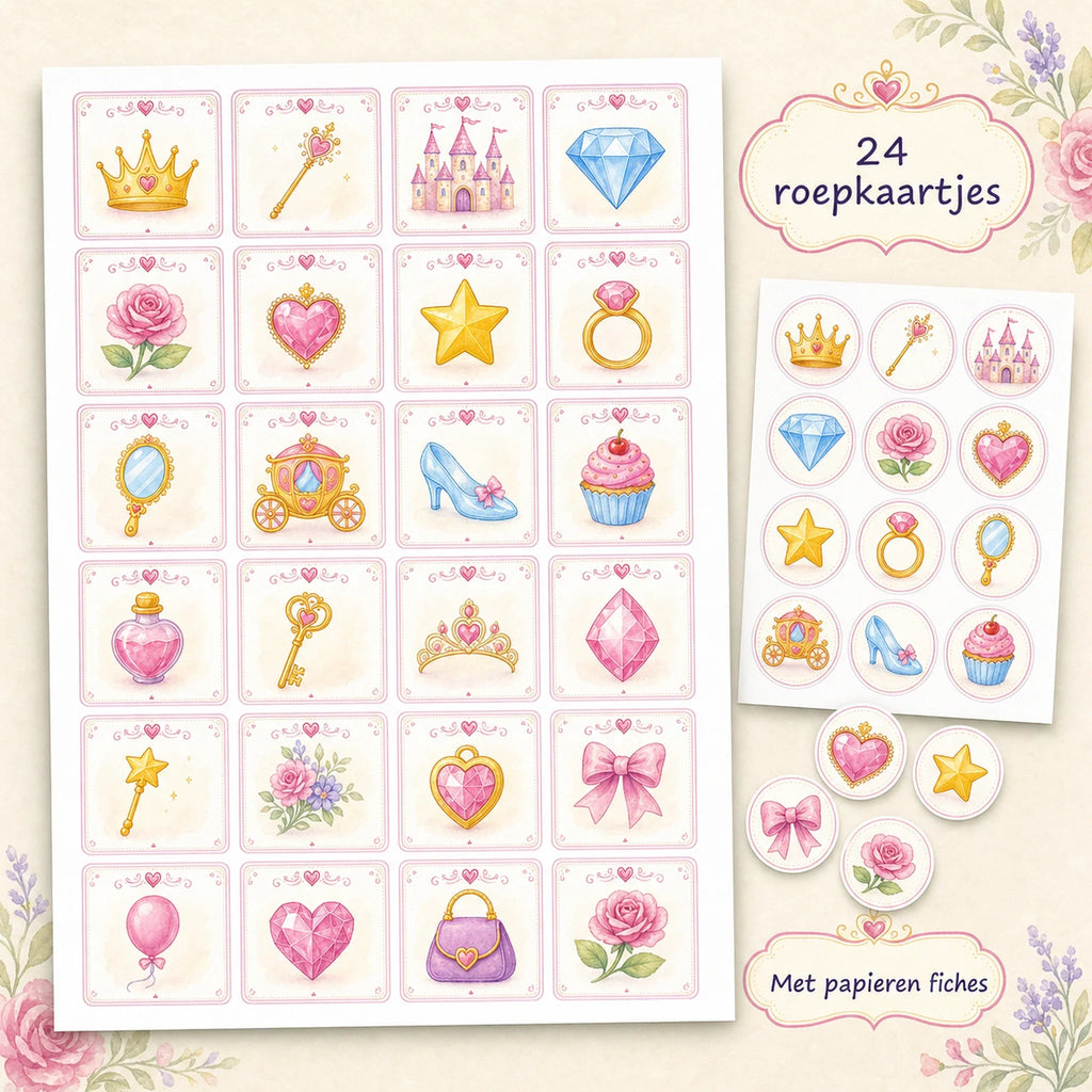 Vierentwintig prinsessen roepkaartjes met bijpassende papieren afdekfiches.