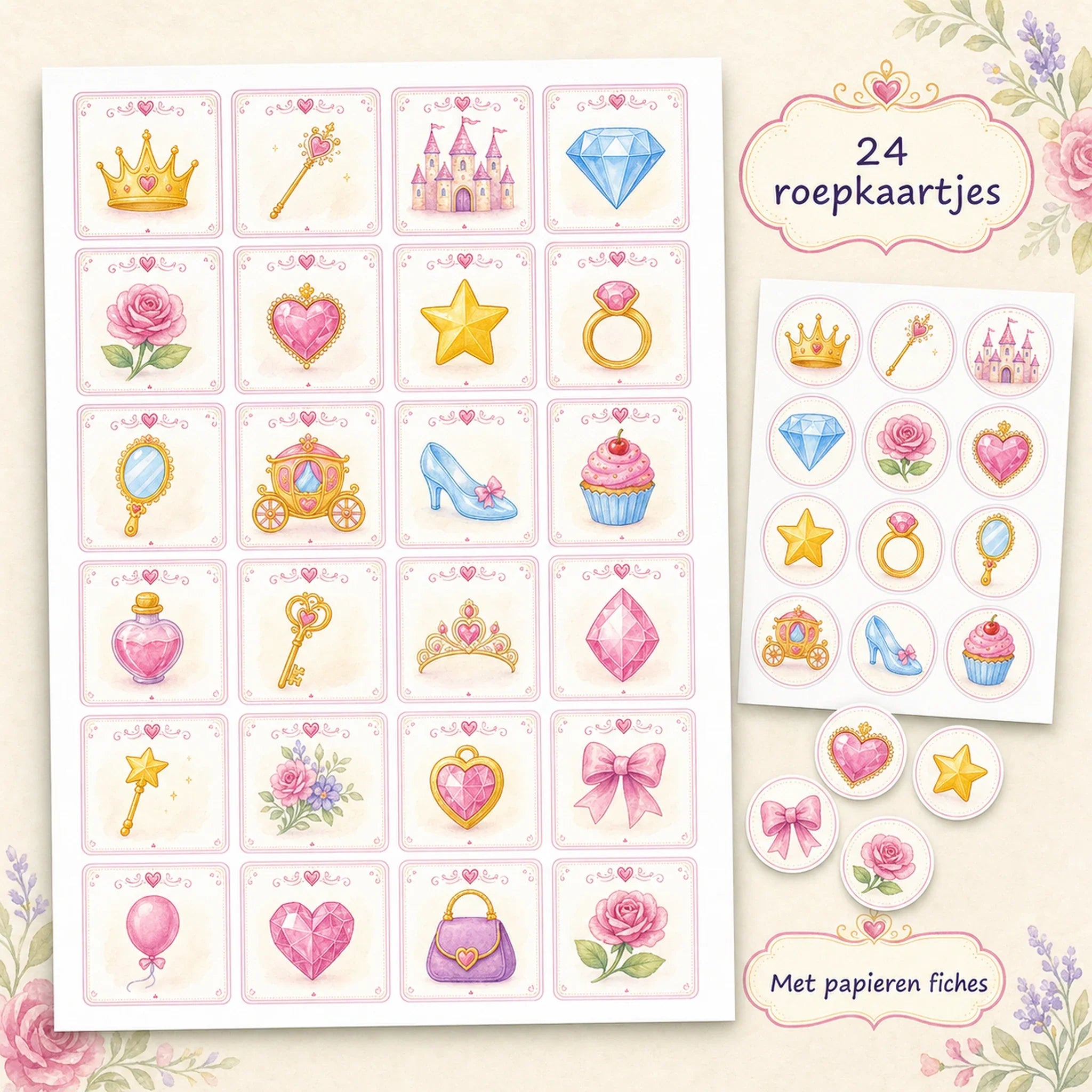 Vierentwintig prinsessen roepkaartjes met bijpassende papieren afdekfiches.