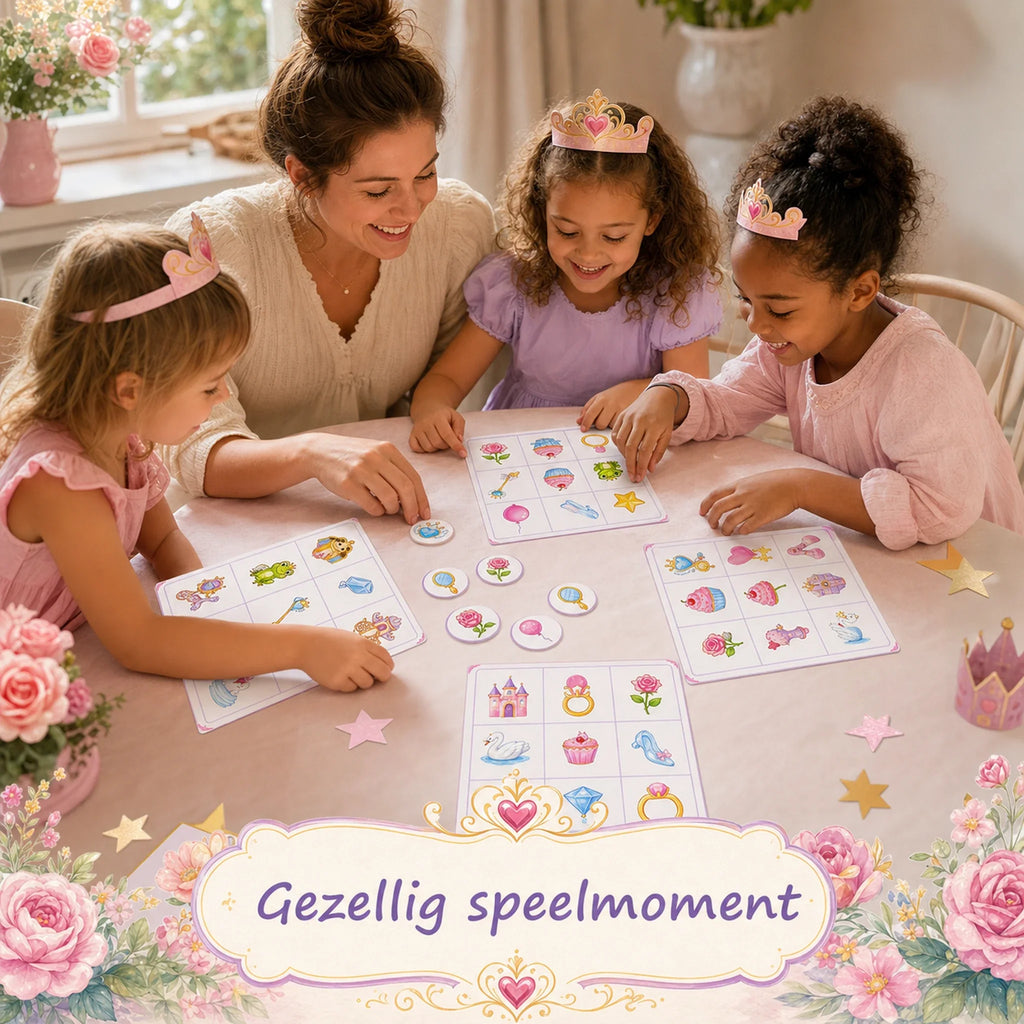 Kinderen spelen prinsessen bingo aan tafel tijdens een kinderfeestje thuis.