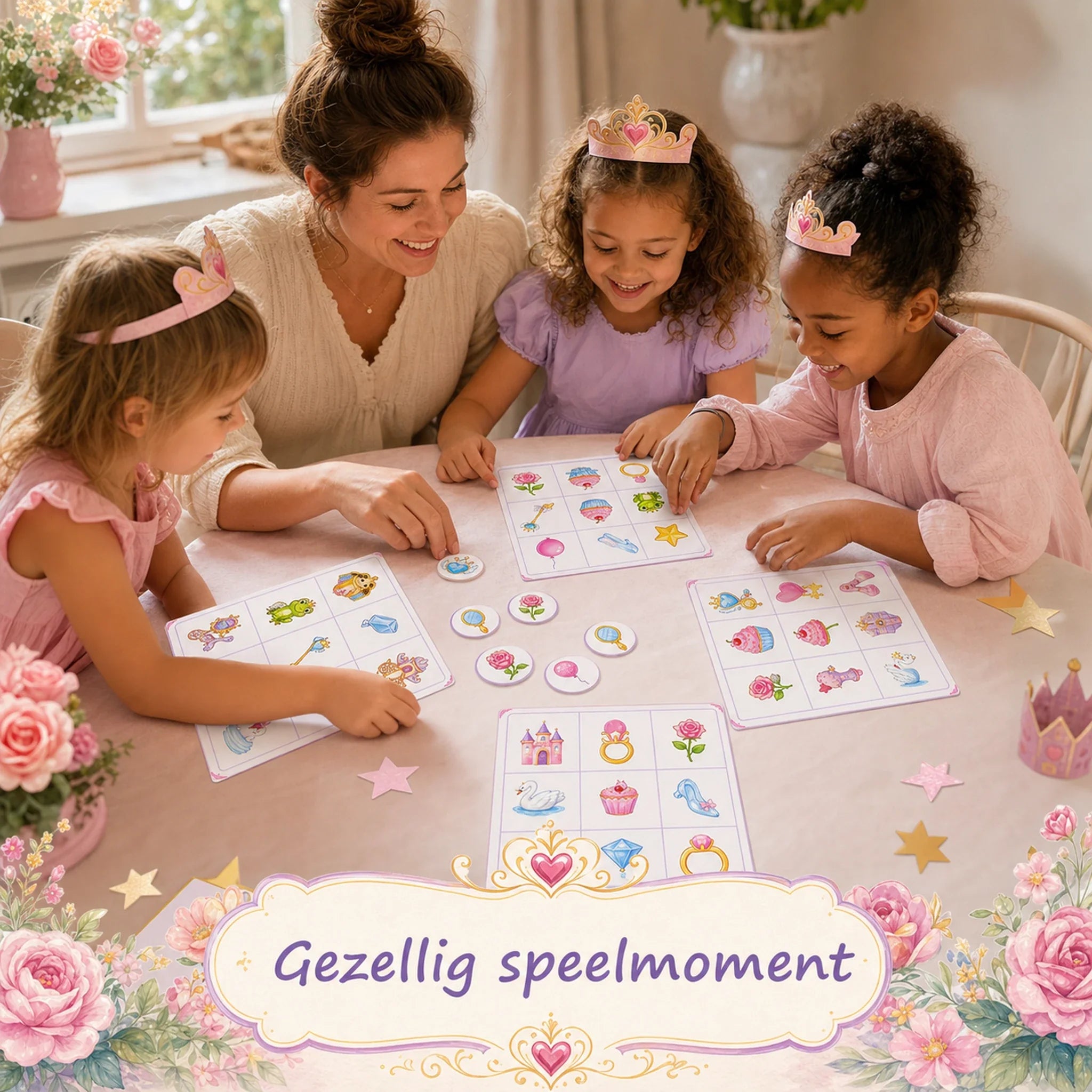 Kinderen spelen prinsessen bingo aan tafel tijdens een kinderfeestje thuis.