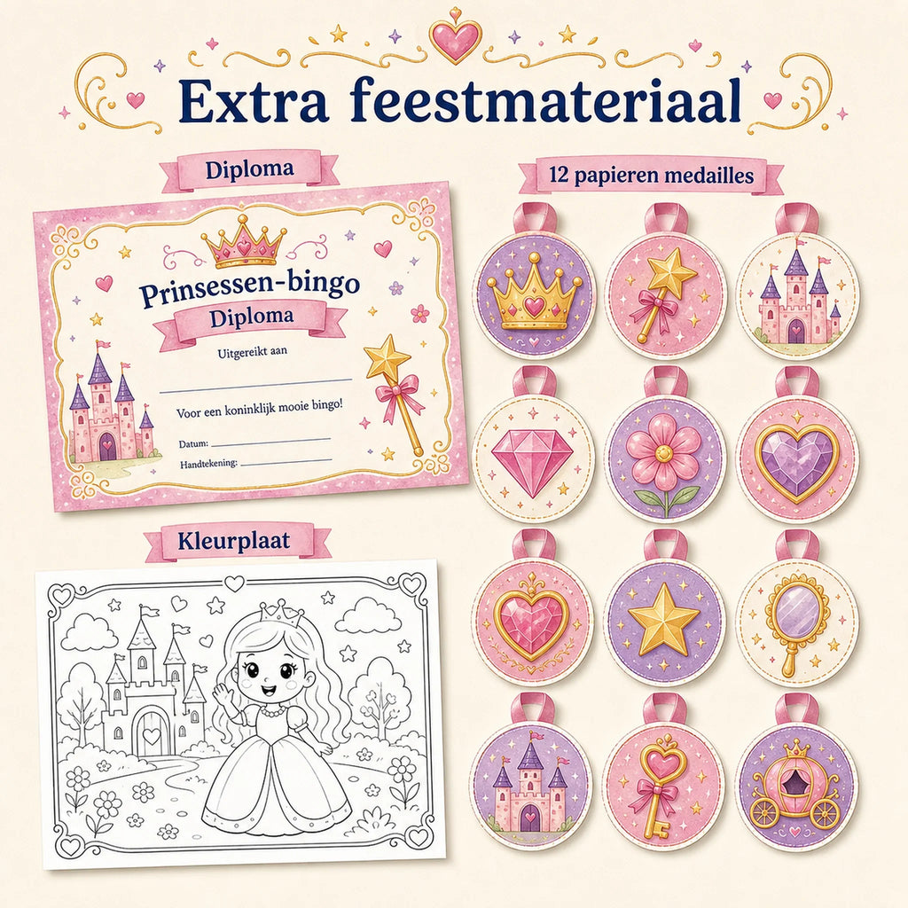 Diploma, kleurplaat en twaalf papieren medailles uit de prinsessen bingo.