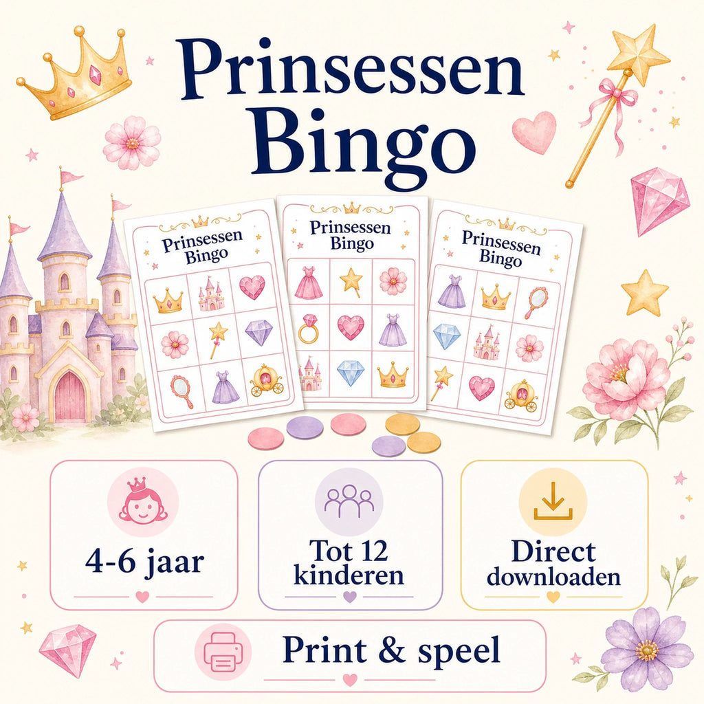Praktische informatie over de prinsessen bingo voor kinderen van 4 tot 6 jaar.