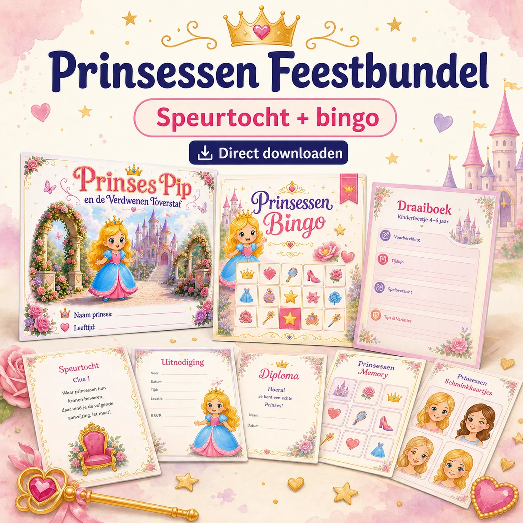 Prinsessen feestbundel met speurtocht en bingo voor een kinderfeestje.