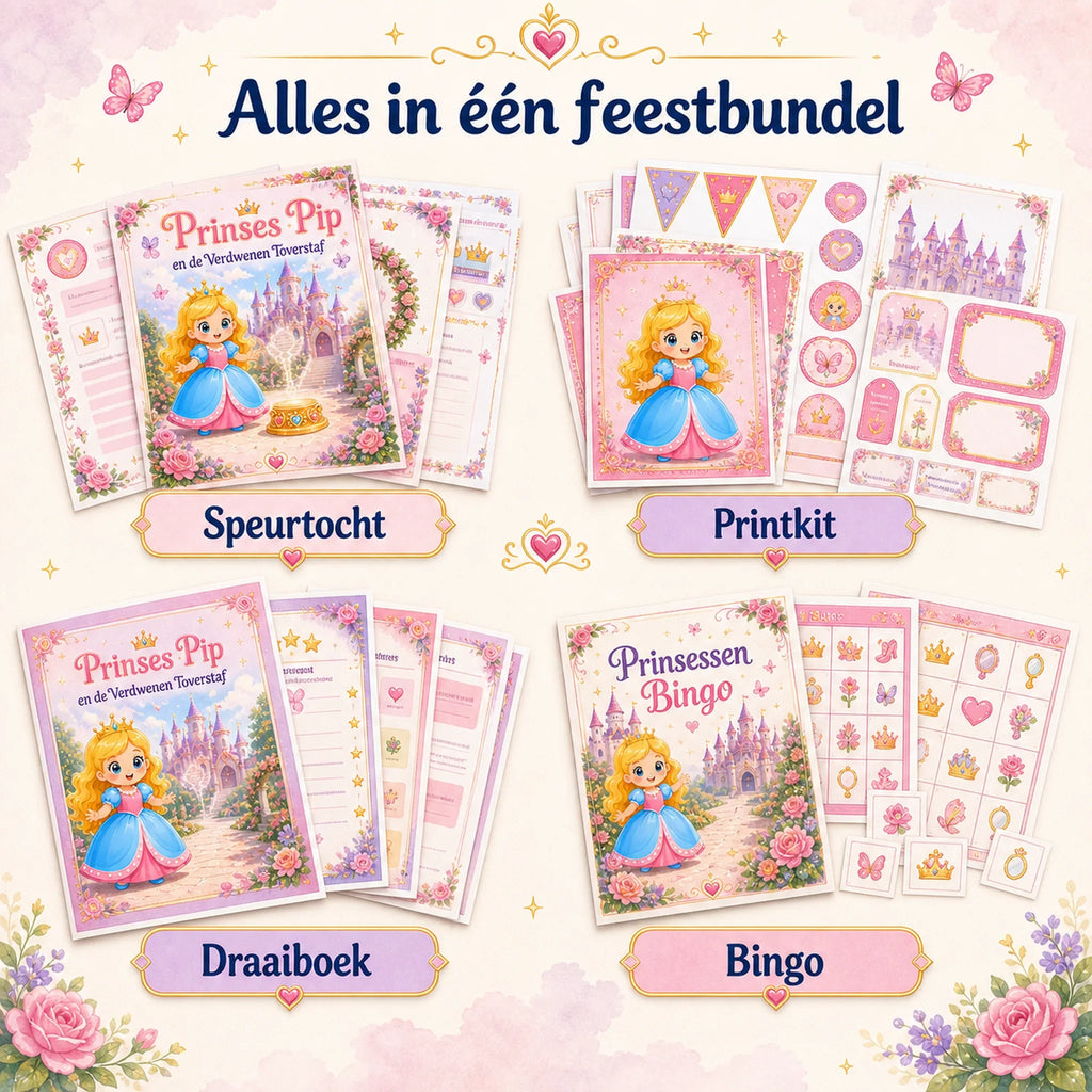 Complete prinsessen bundel met speurtocht, printkit, draaiboek en bingo.