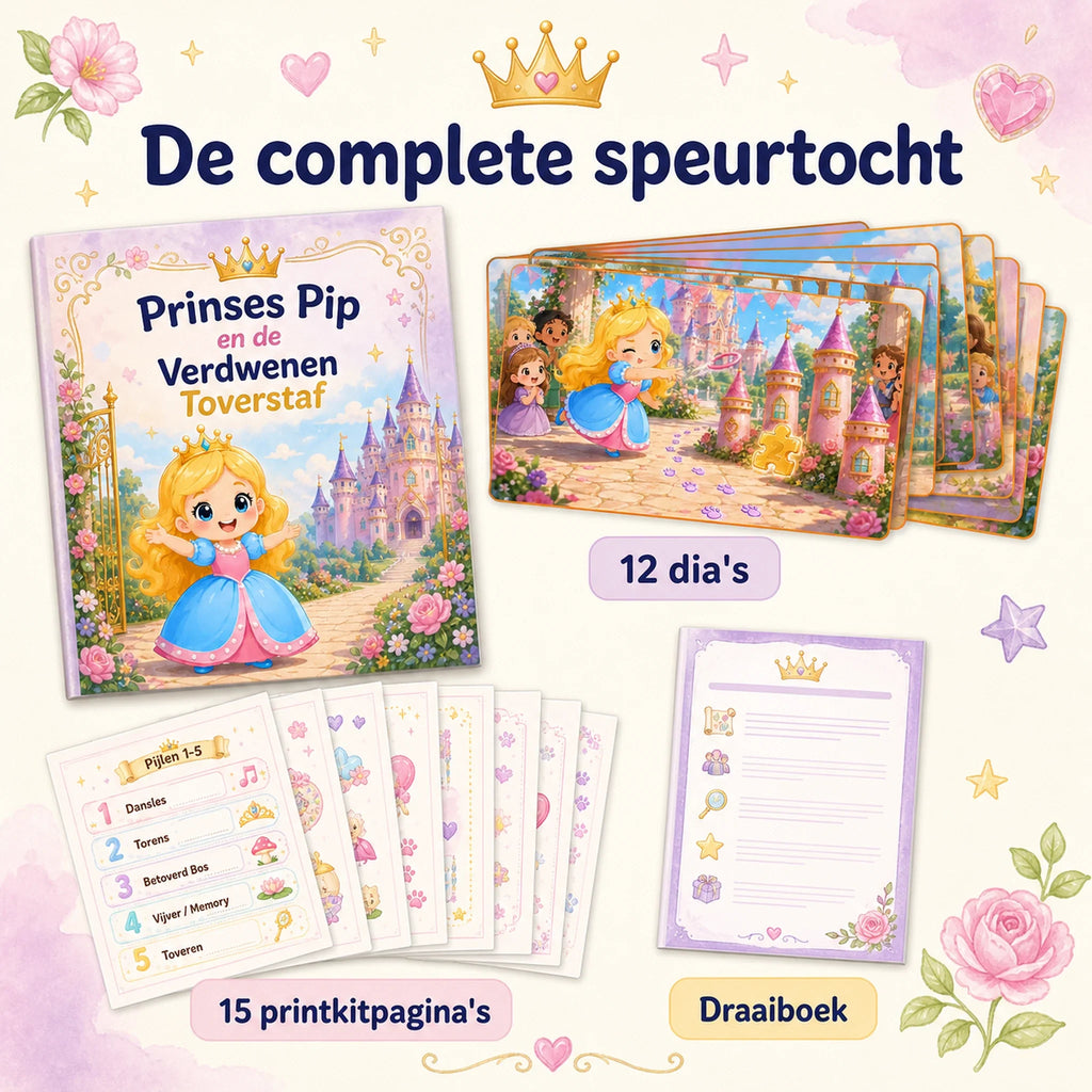 Speurtochtinhoud uit de prinsessen feestbundel met dia's, printkit en draaiboek.