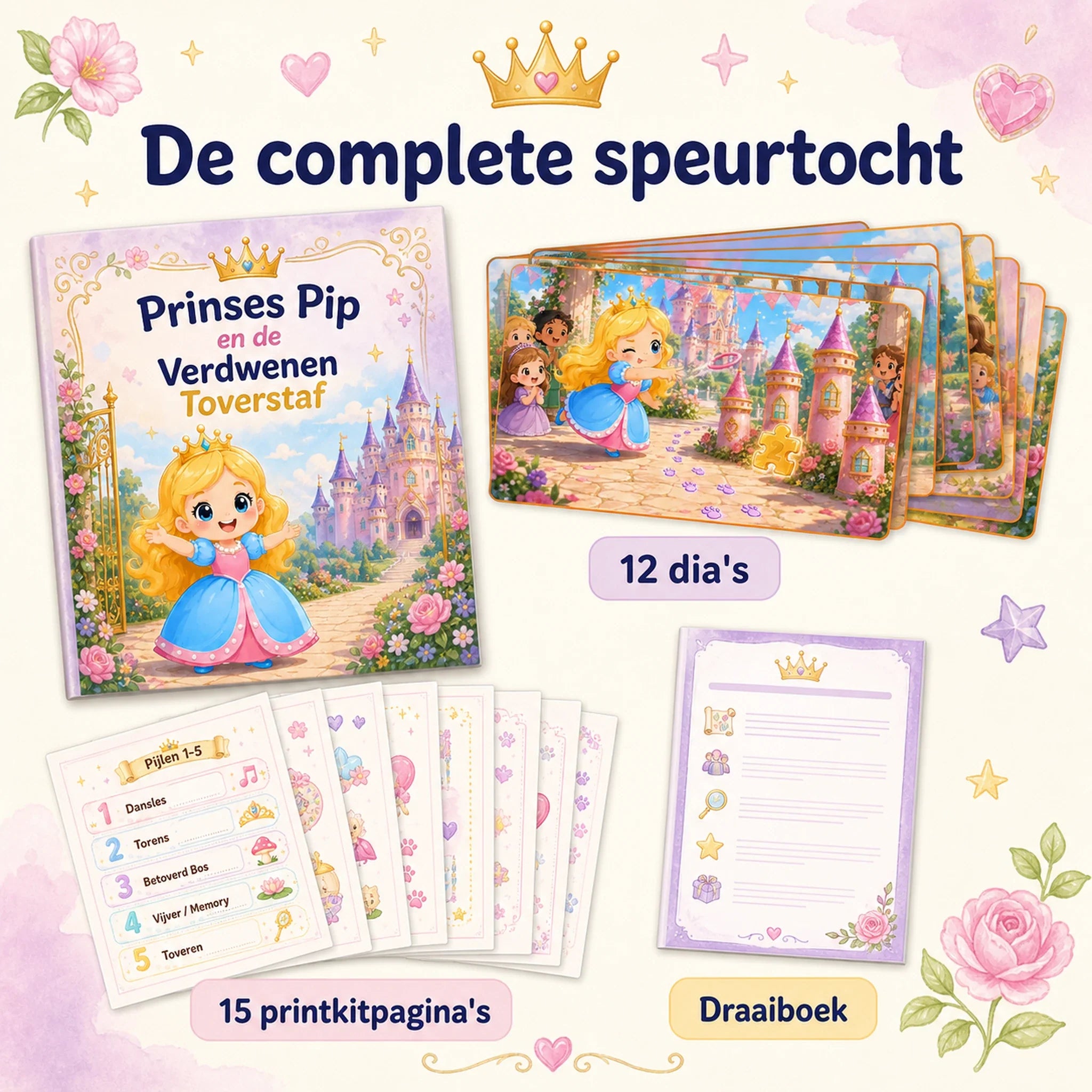 Speurtochtinhoud uit de prinsessen feestbundel met dia's, printkit en draaiboek.