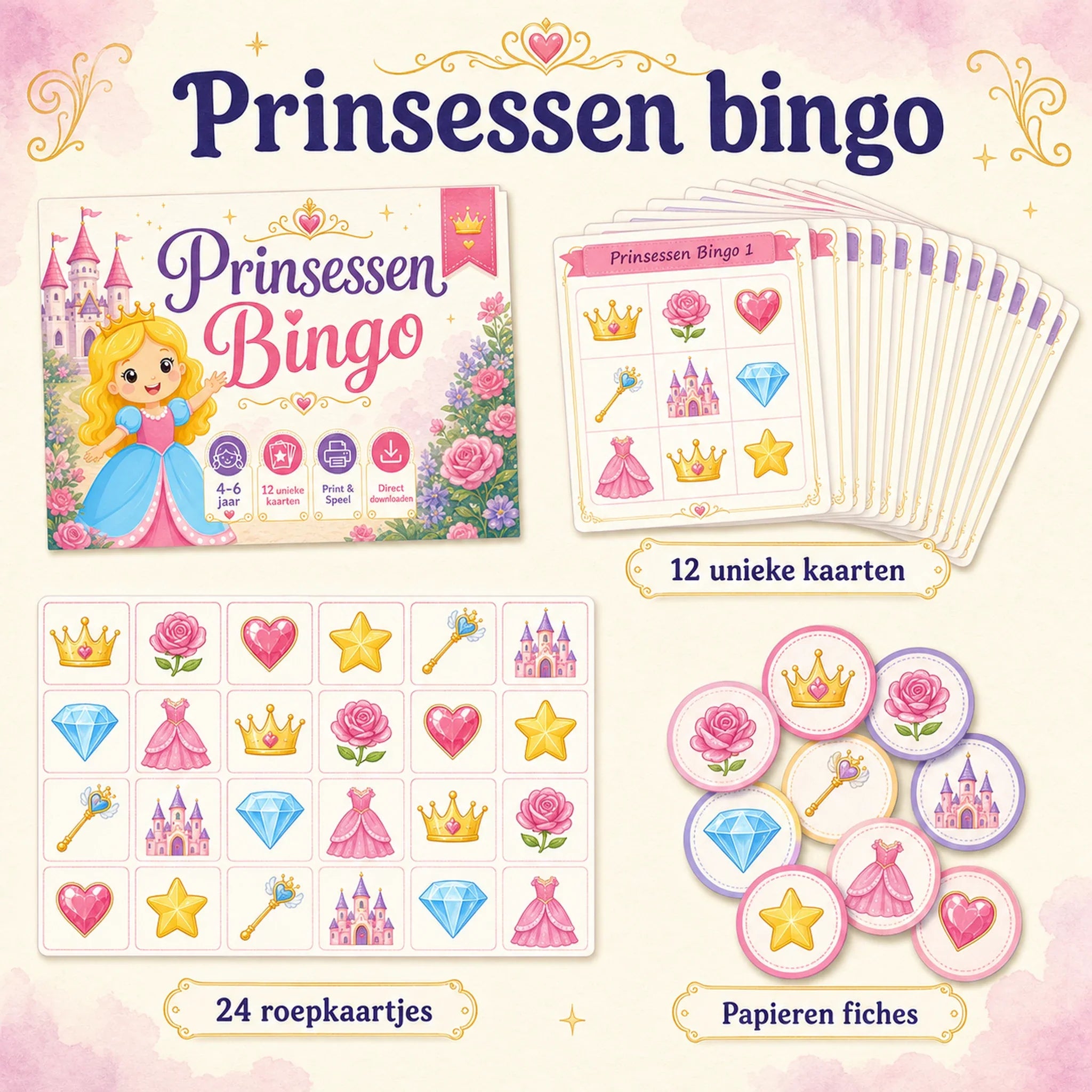 Bingo-inhoud uit de prinsessen feestbundel met kaarten, roepkaartjes en papieren fiches.