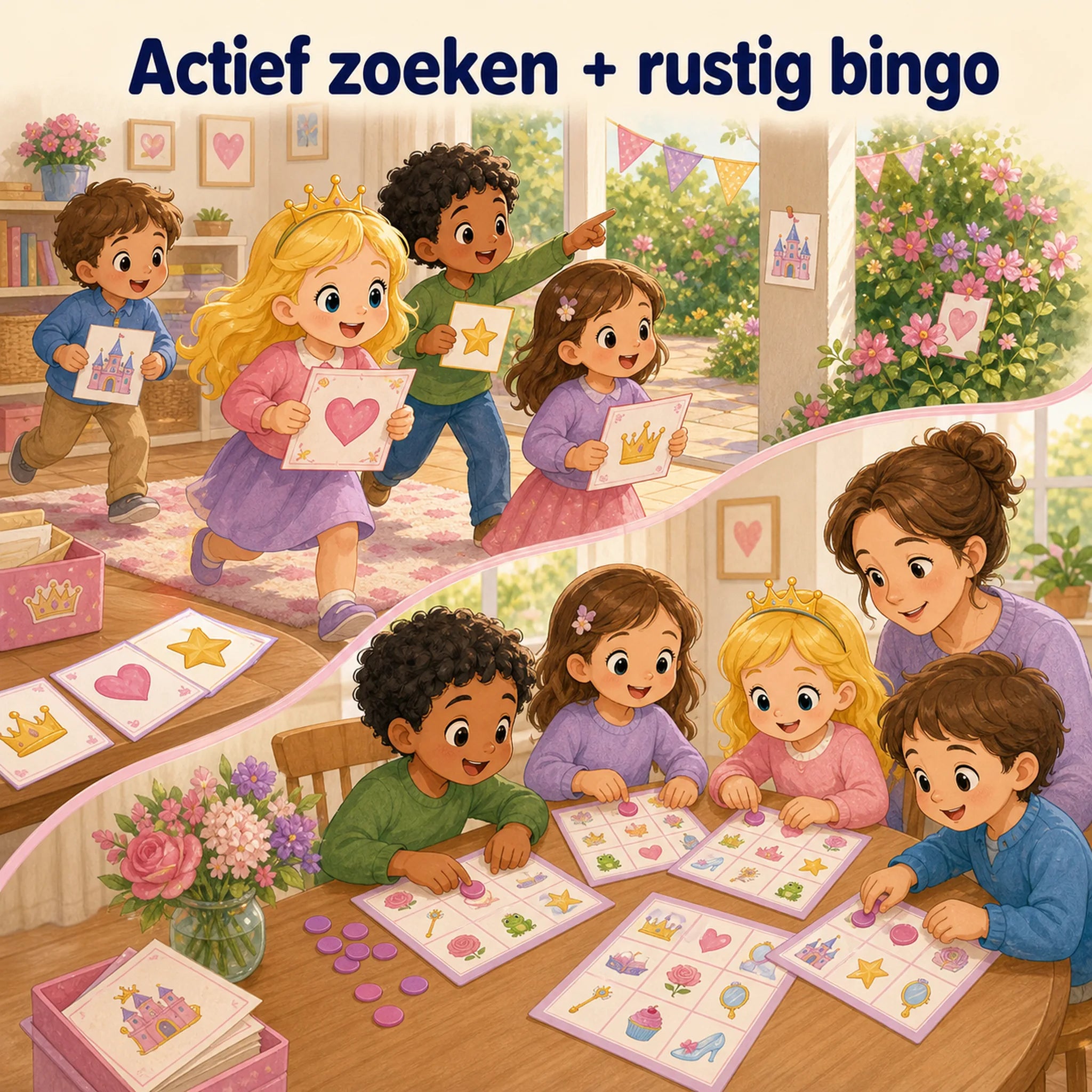 Actieve prinsessen speurtocht en rustig bingomoment gecombineerd in één kinderfeestje.