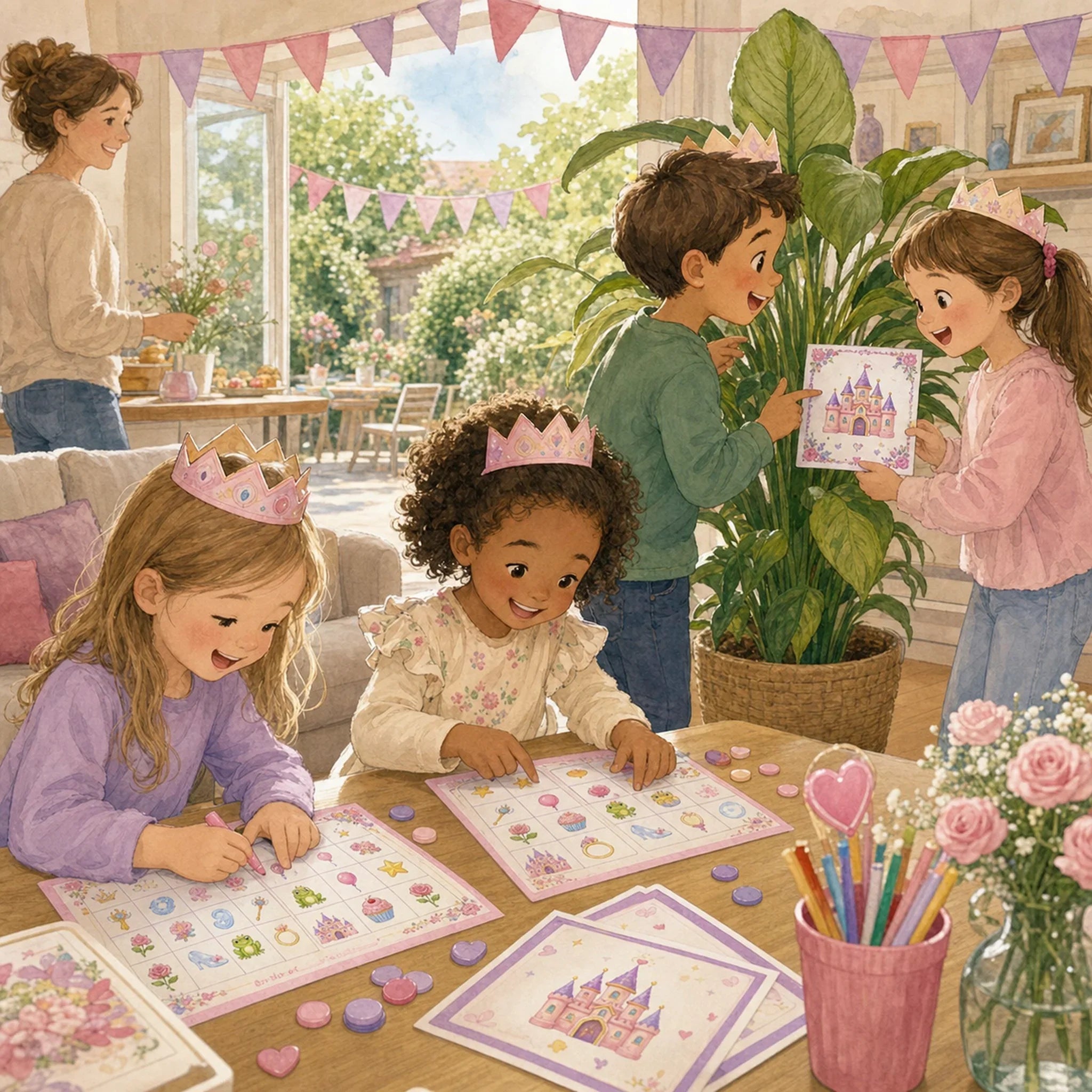 Kinderen spelen met de prinsessen speurtocht en bingo tijdens een kinderfeestje thuis.