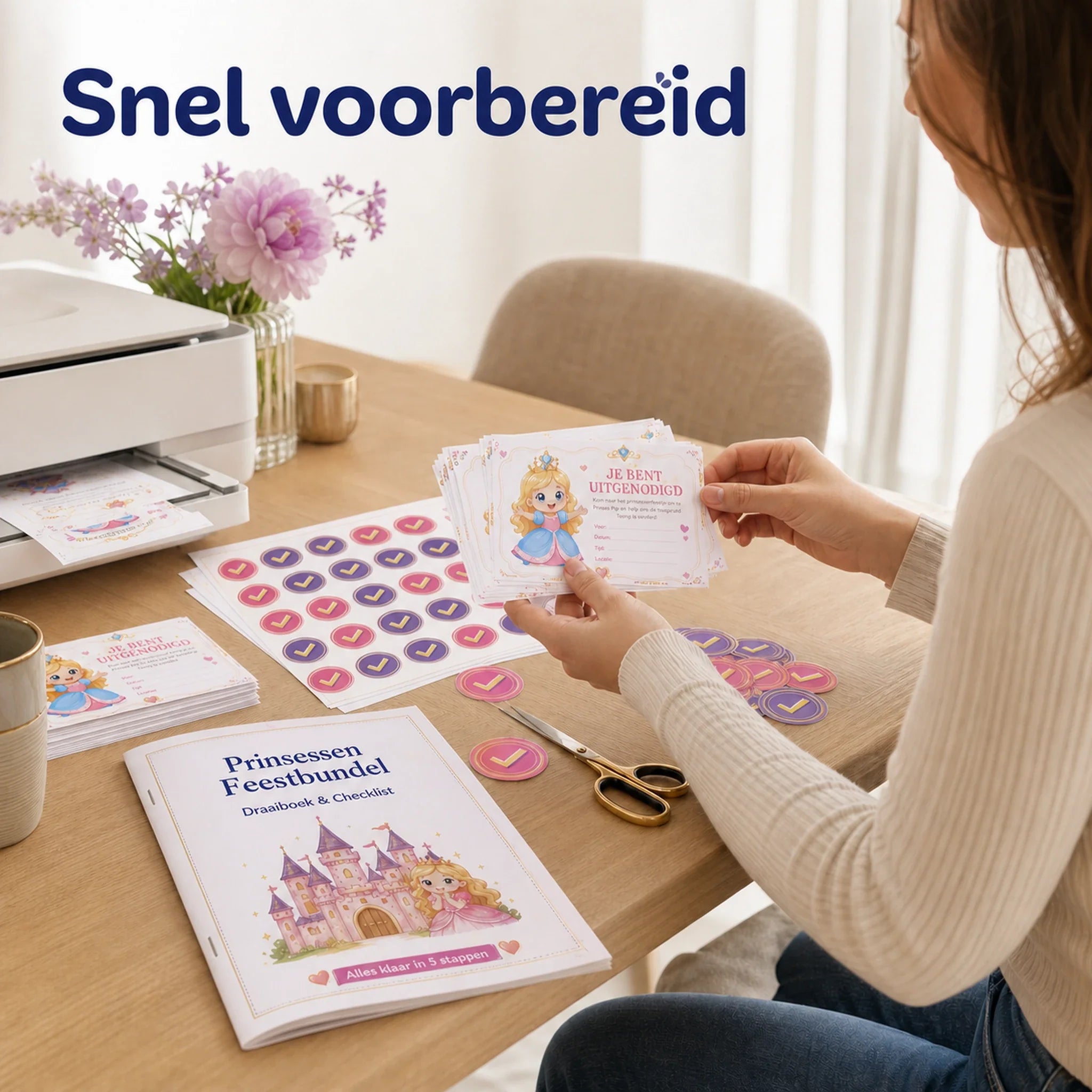Ouder bereidt de prinsessen feestbundel voor met geprinte pagina's en een draaiboek.