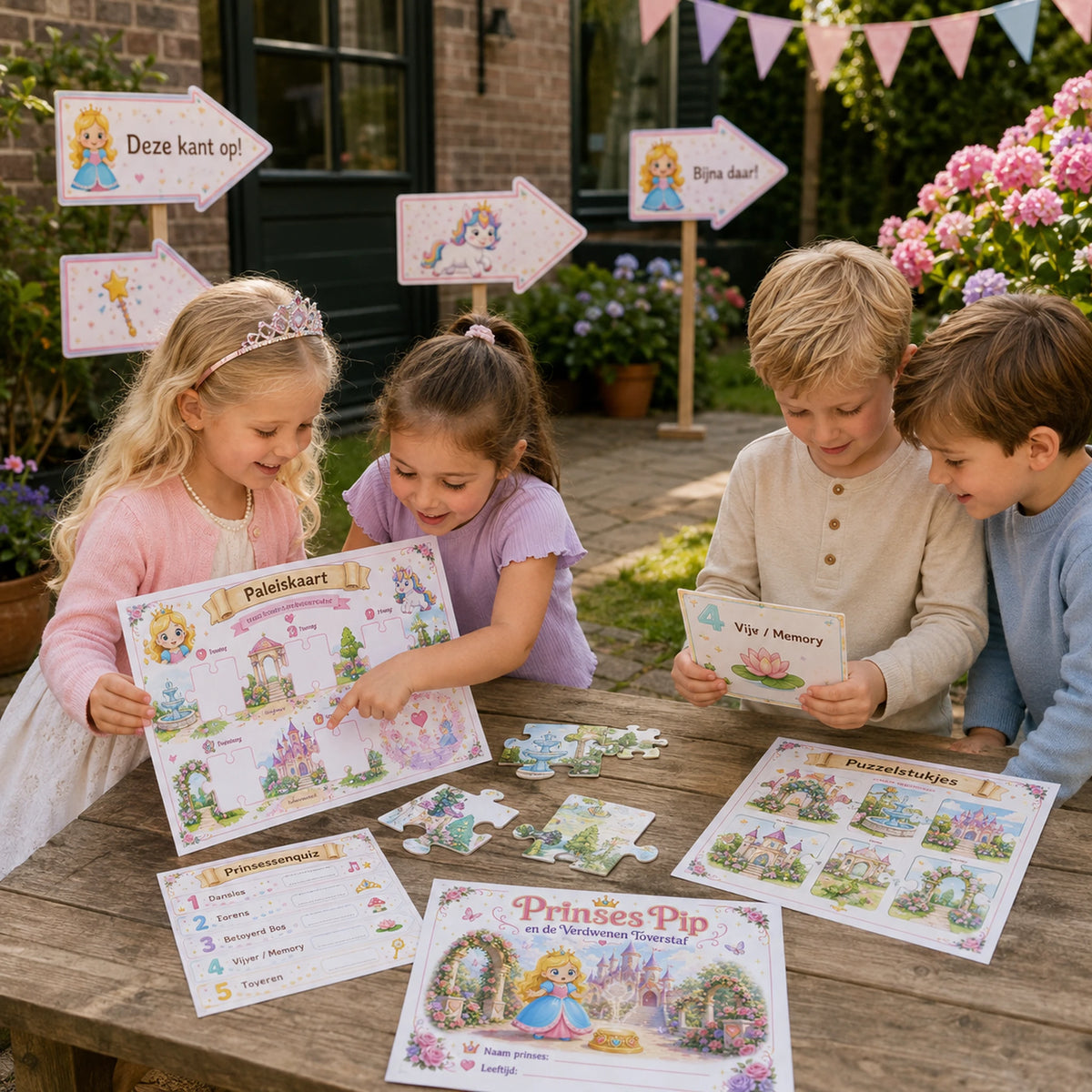 Kinderen spelen de speurtocht uit de Prinsessen kinderfeestje bundel.