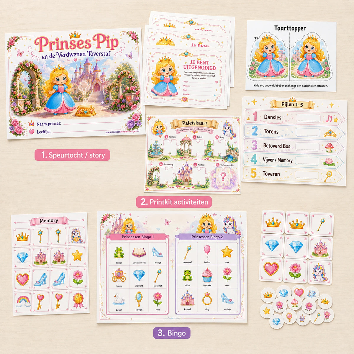 Complete inhoud van de Prinsessen bundel met speurtocht, printkit en bingo.
