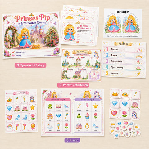 Complete inhoud van de Prinsessen bundel met speurtocht, printkit en bingo.