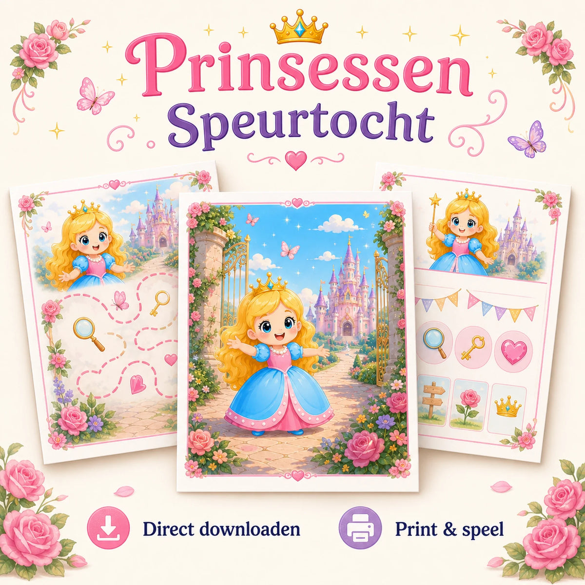 Prinsessen speurtocht voor een kinderfeestje met cover, printkit en draaiboek.