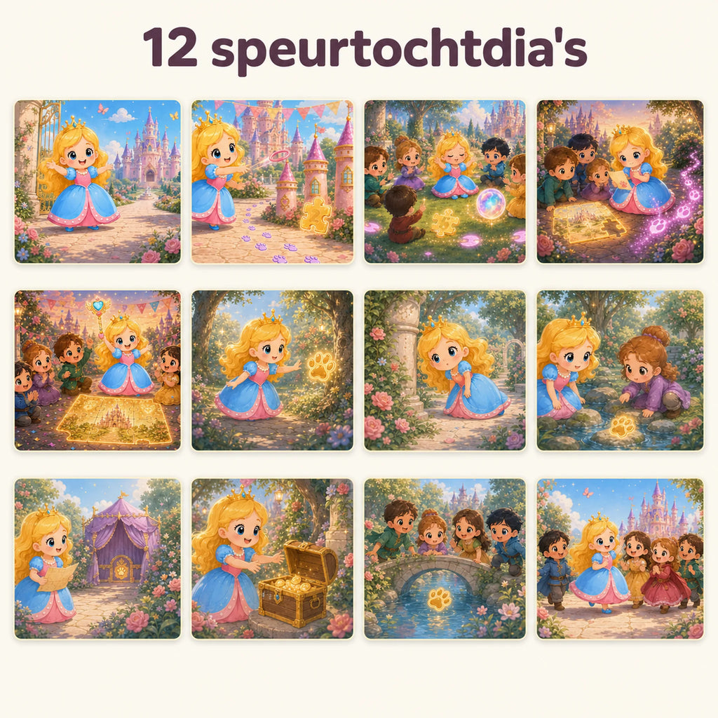 Voorbeelden van echte dia's uit de prinsessen speurtocht voor kinderen van 4 tot 6 jaar.