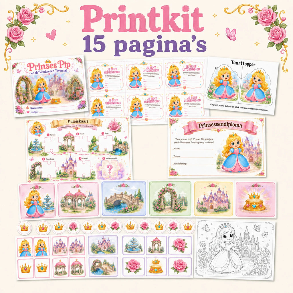 Printbare materialen uit de prinsessen printkit voor een kinderfeestje.