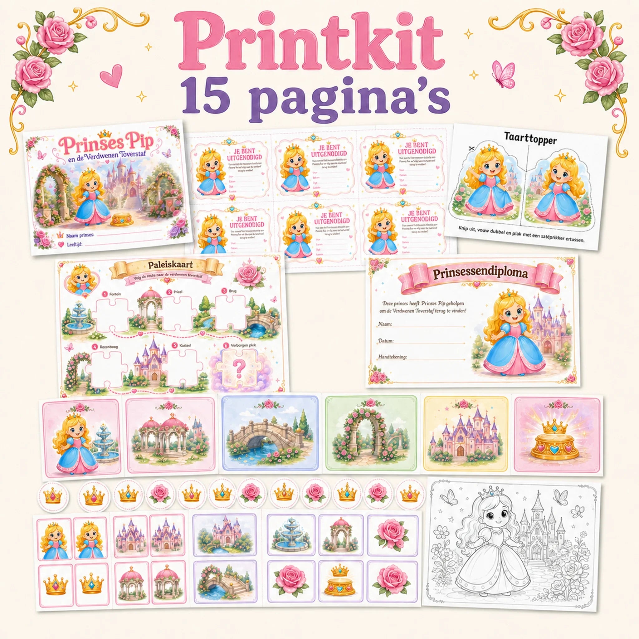Printbare materialen uit de prinsessen printkit voor een kinderfeestje.