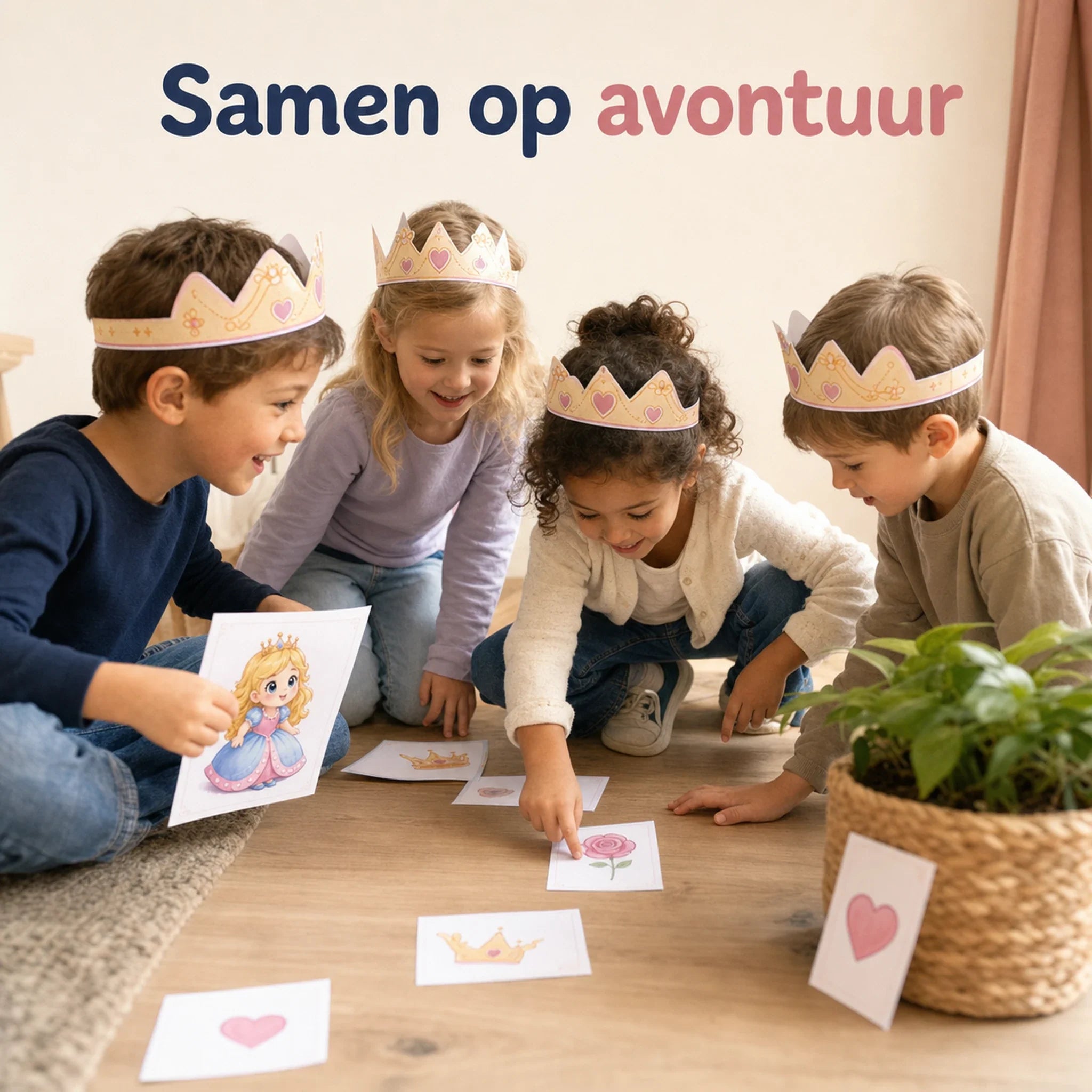 Kinderen spelen met geprinte prinsessen speurtochtmaterialen tijdens een kinderfeestje thuis.