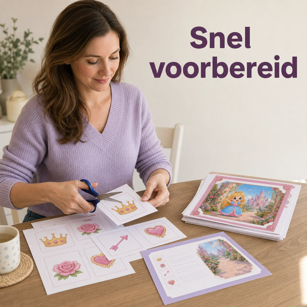 Ouder bereidt de prinsessen speurtocht voor met geprinte pagina's, schaar en draaiboek.