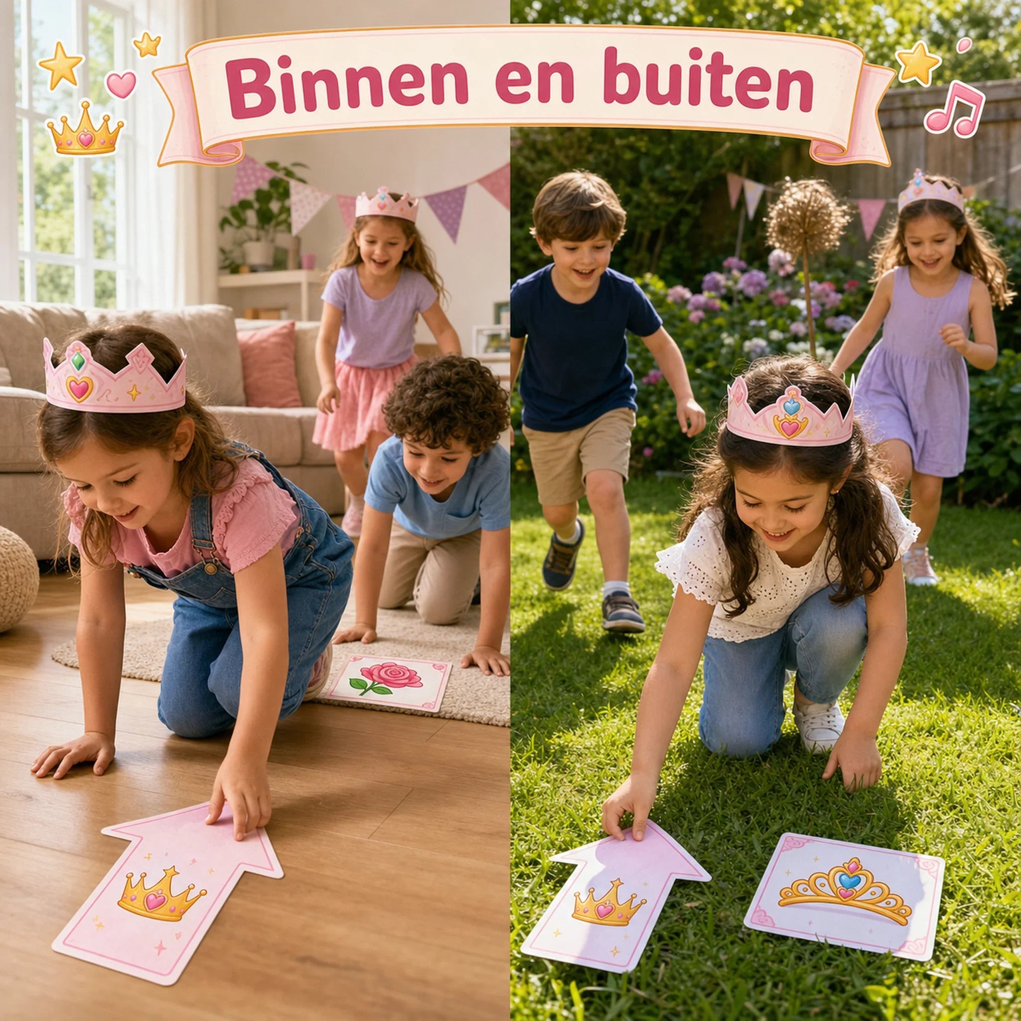 Kinderen spelen de prinsessen speurtocht binnen en buiten met dezelfde geprinte materialen.