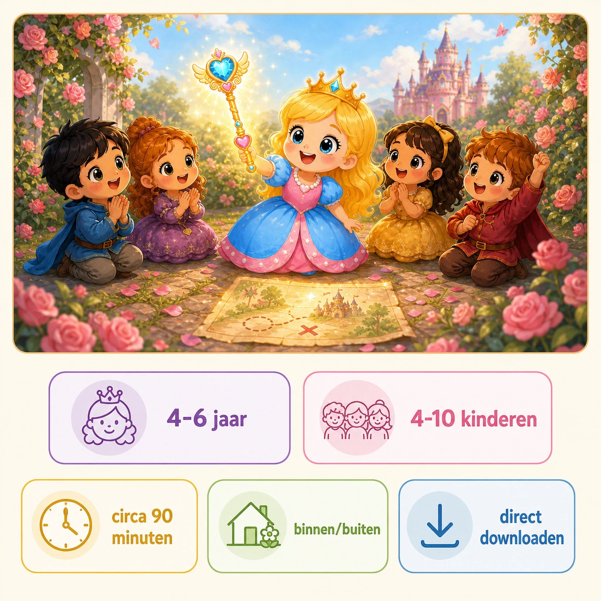 Finale en praktische informatie van de prinsessen speurtocht voor kinderen van 4 tot 6 jaar.