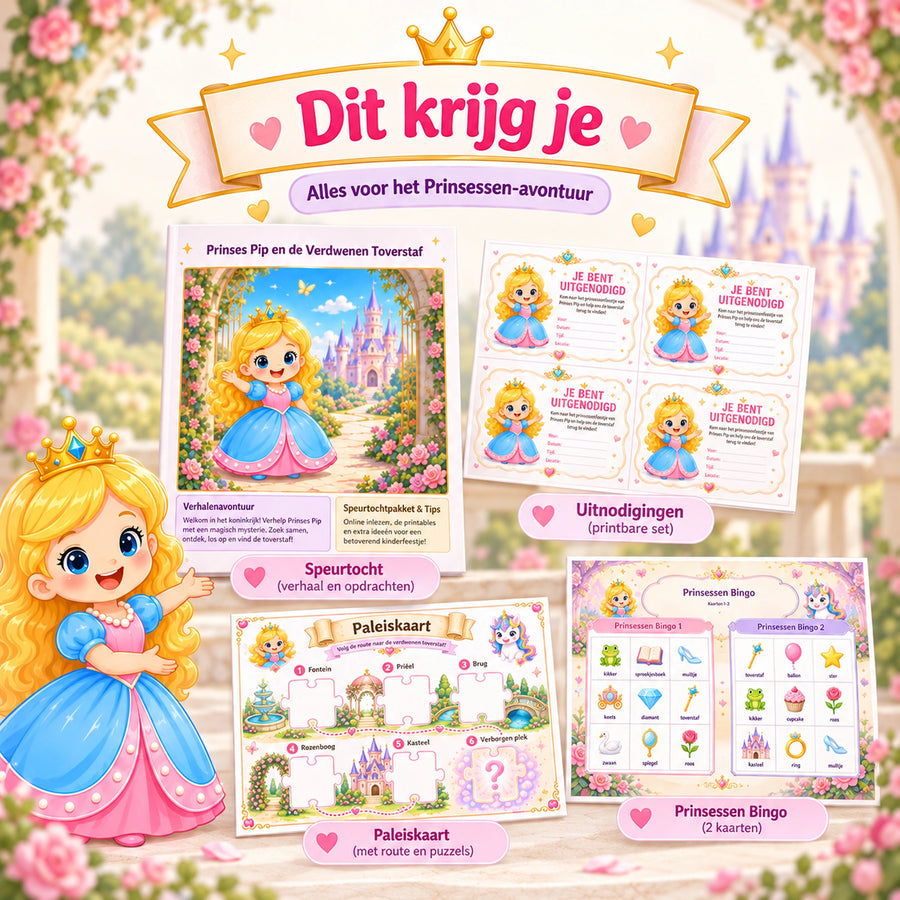 Inhoud van de prinsessen speurtocht met presentatie, printkit, draaiboek en printables voor 4-6 jaar
