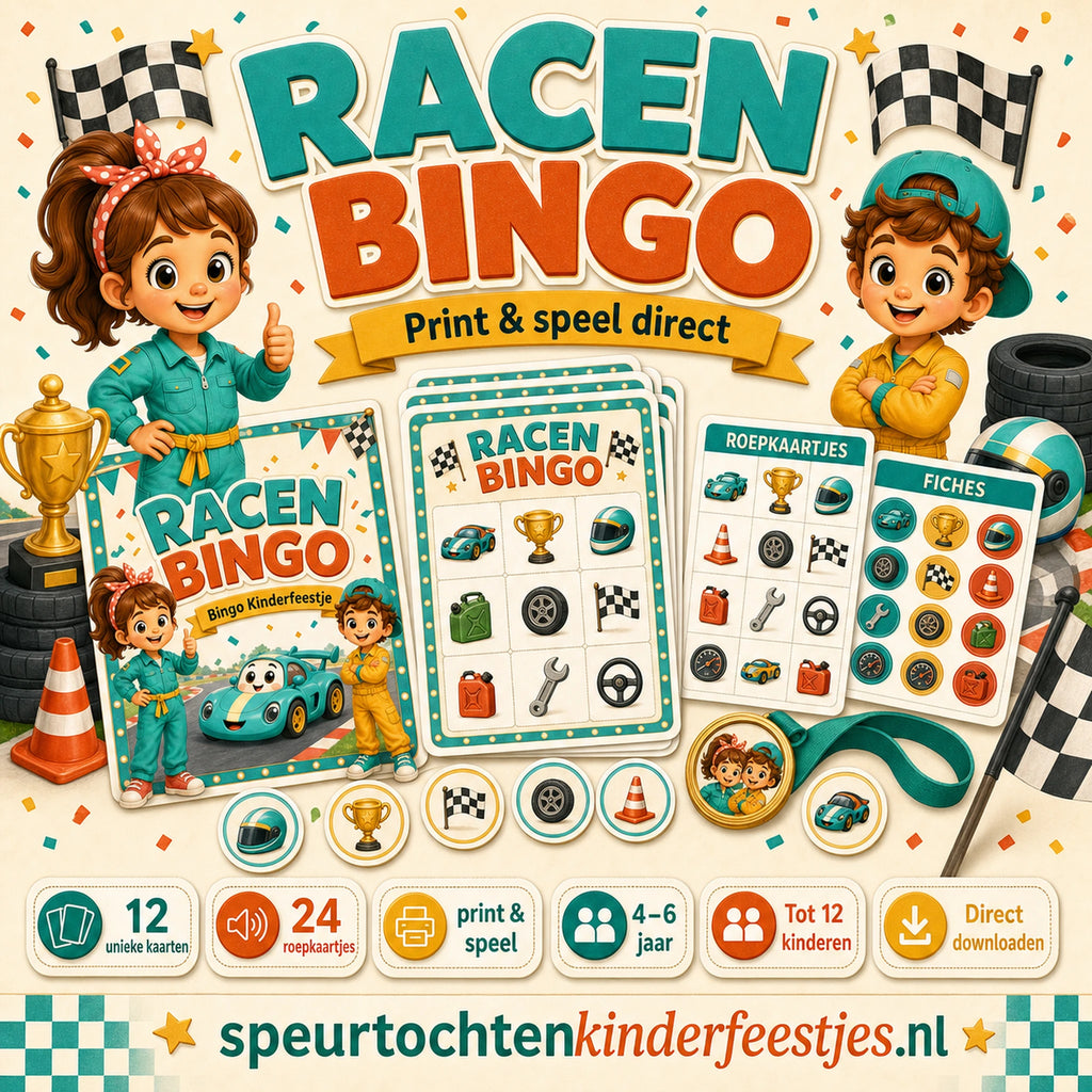 Mockup van Racen bingo met bingokaarten, roepkaartjes en afdekfiches