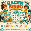Mockup van Racen bingo met bingokaarten, roepkaartjes en afdekfiches