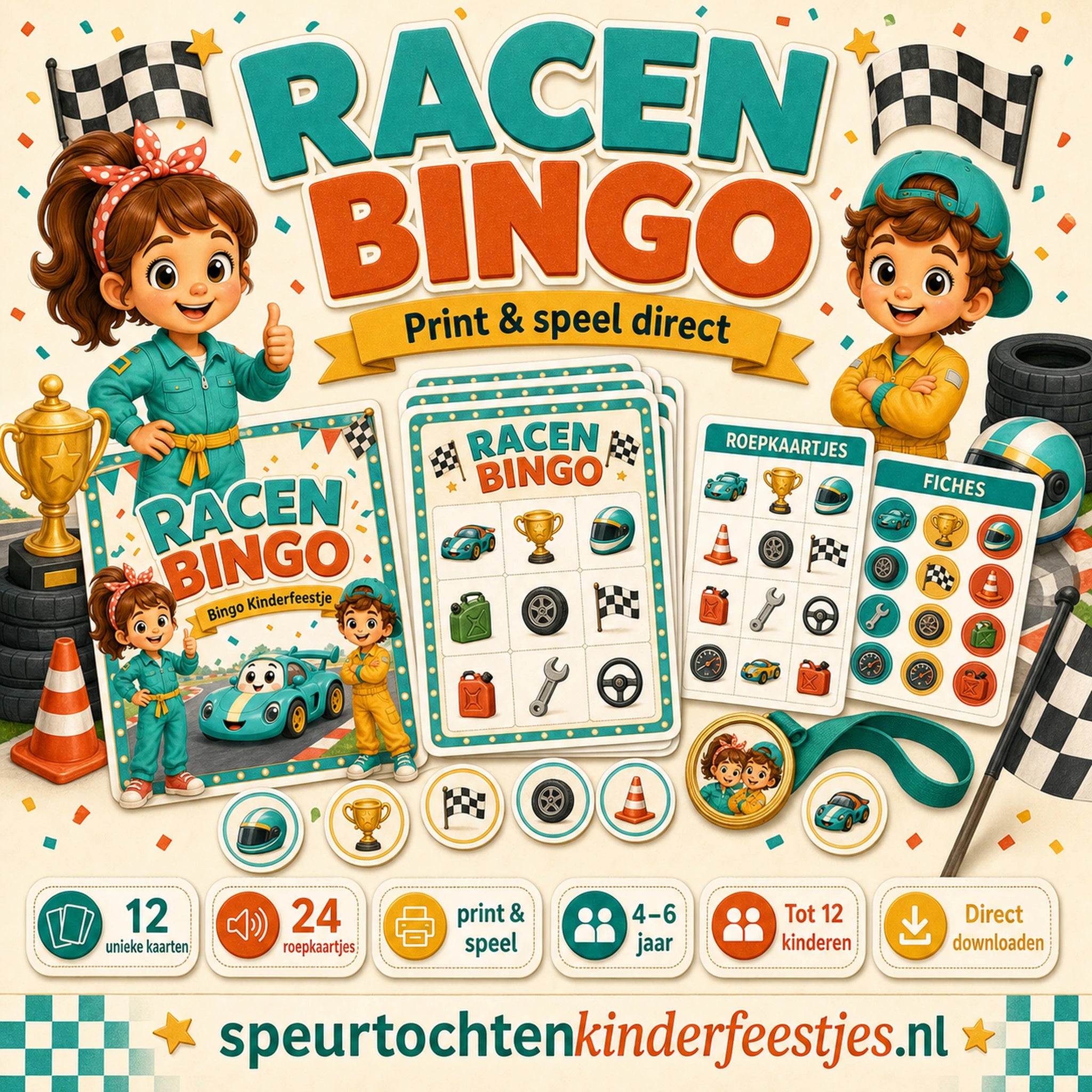 Mockup van Racen bingo met bingokaarten, roepkaartjes en afdekfiches