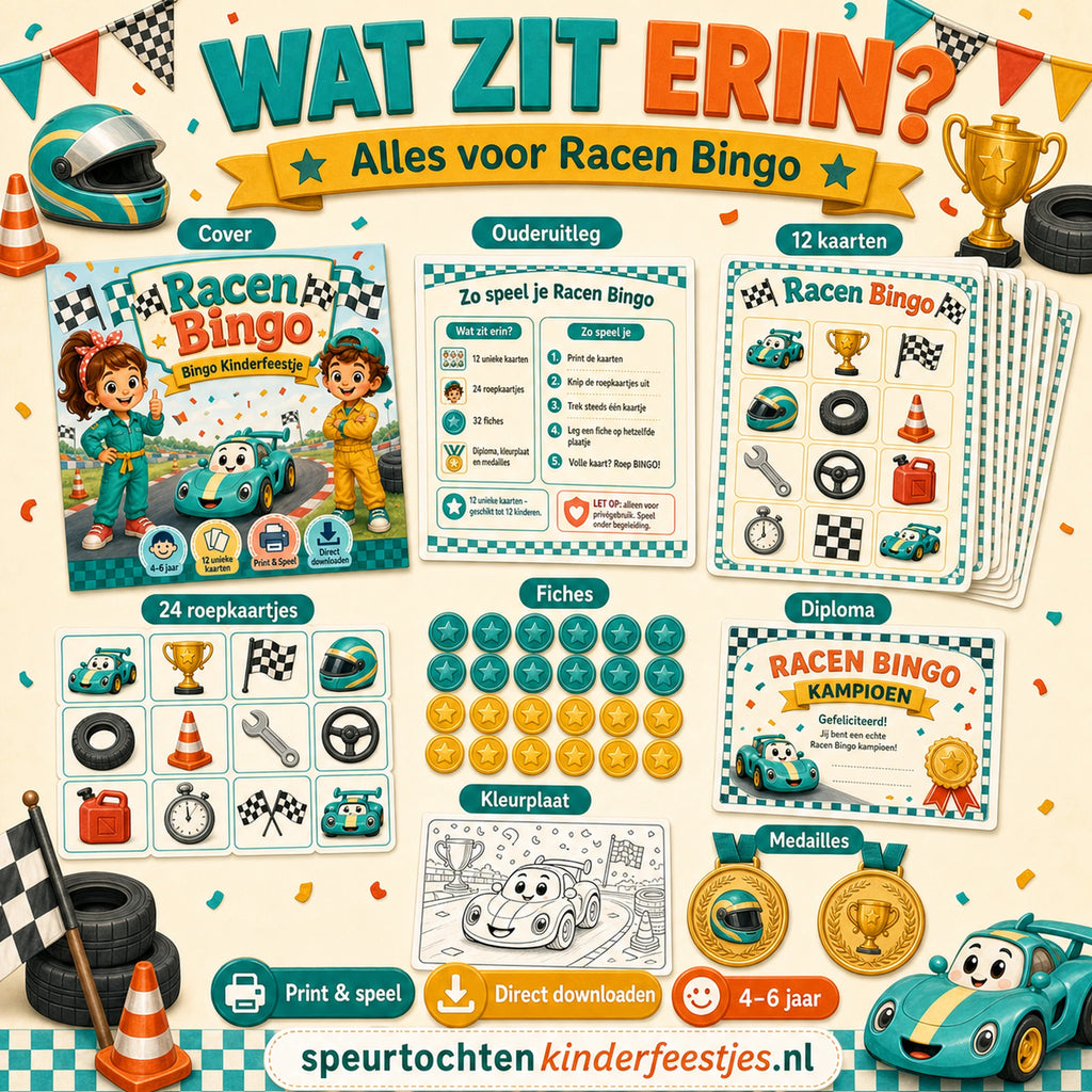 Overzicht van de Racen bingo set met 12 unieke kaarten, 24 roepkaartjes en extra's