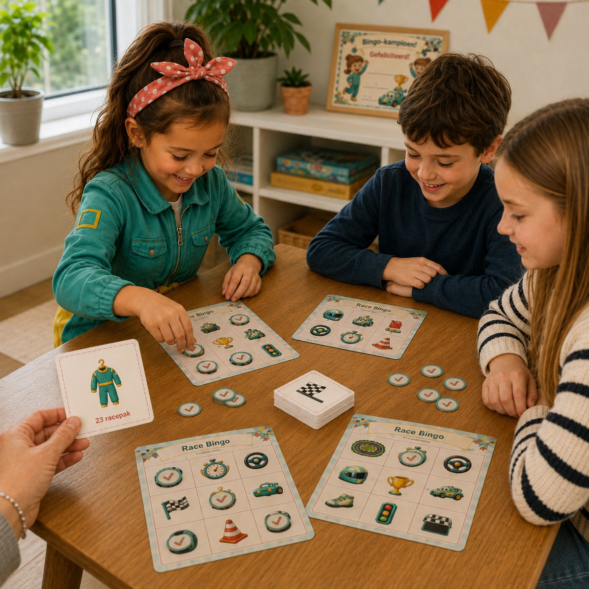 Kinderen spelen samen de Racen bingo aan tafel.