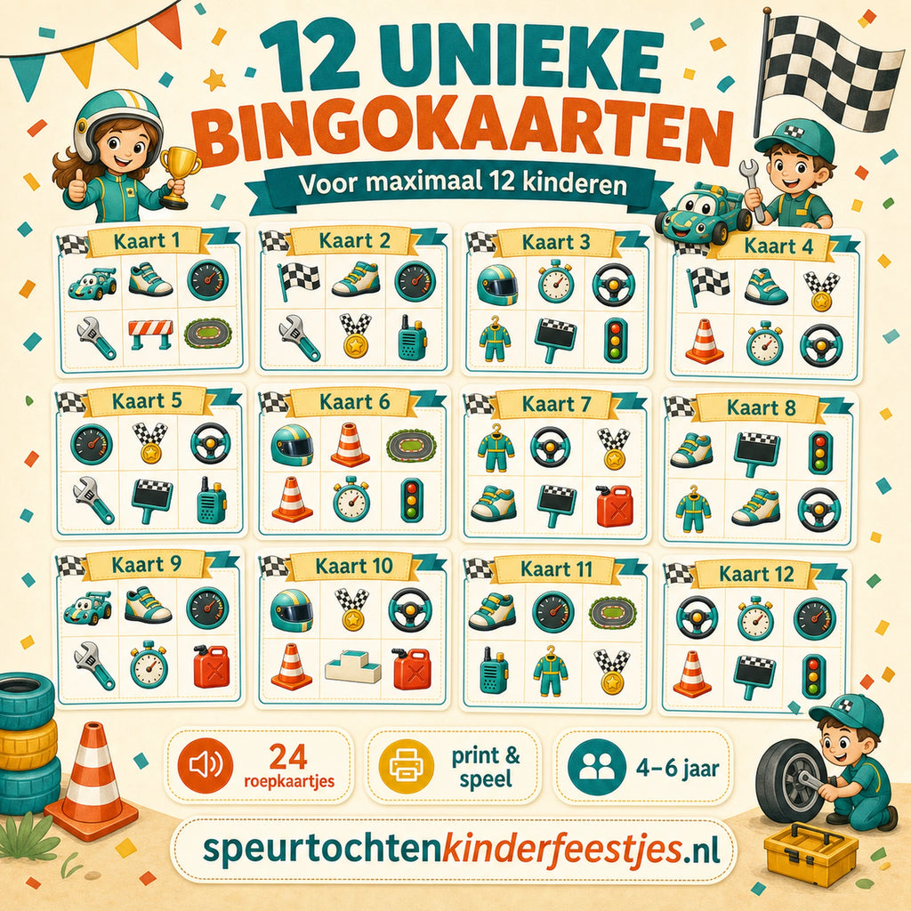 Twaalf unieke Racen bingokaarten voor kinderen van 4 tot 6 jaar