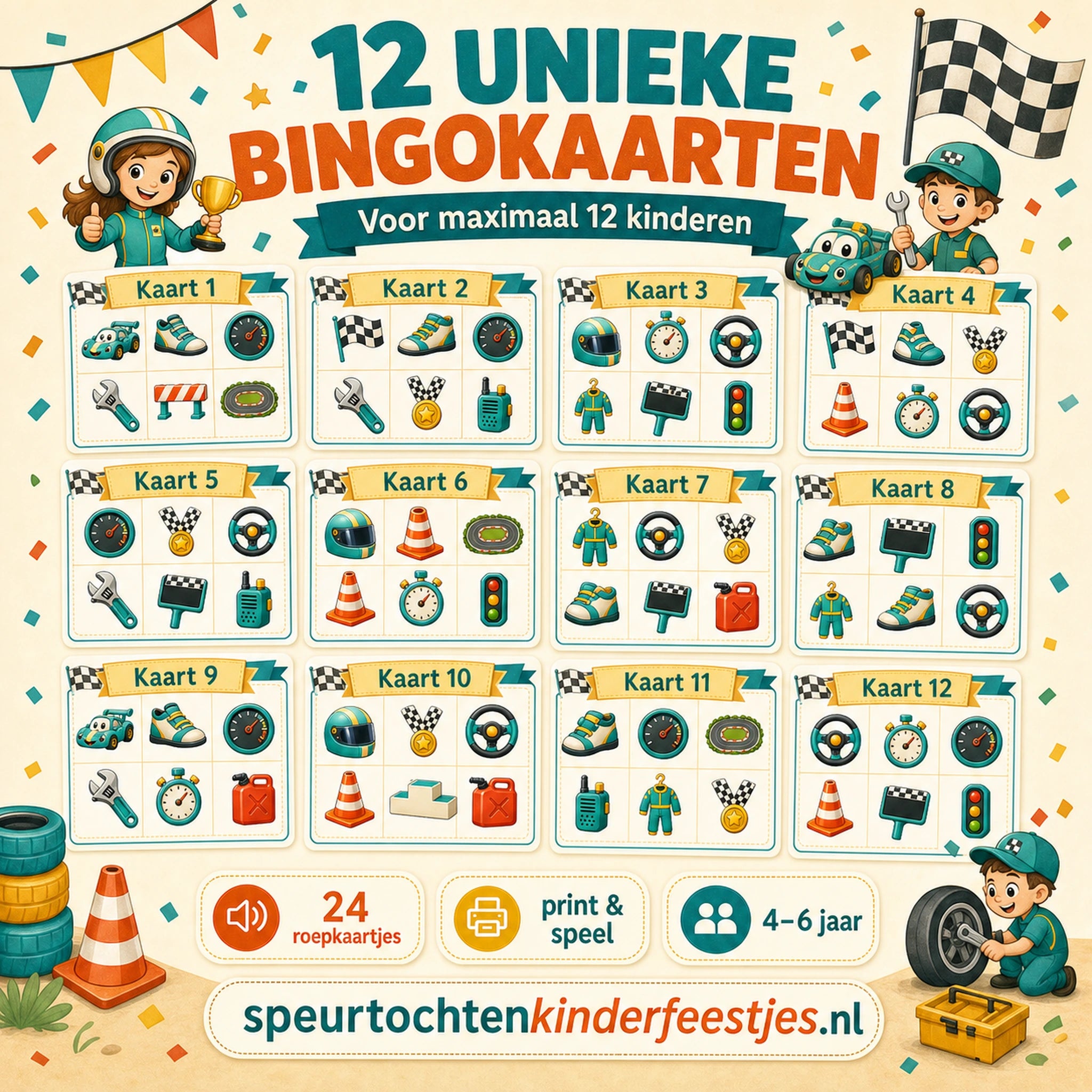 Twaalf unieke Racen bingokaarten voor kinderen van 4 tot 6 jaar