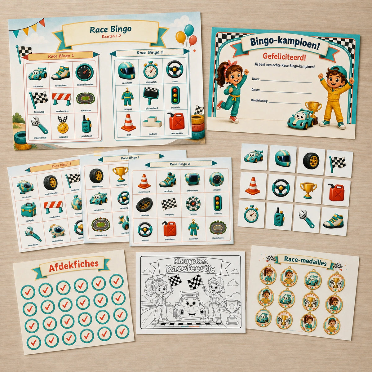 Complete inhoud van de Racen bingo met kaarten en spelmateriaal.