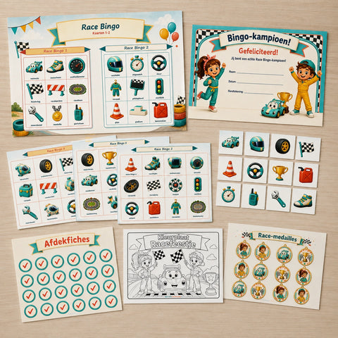 Complete inhoud van de Racen bingo met kaarten en spelmateriaal.