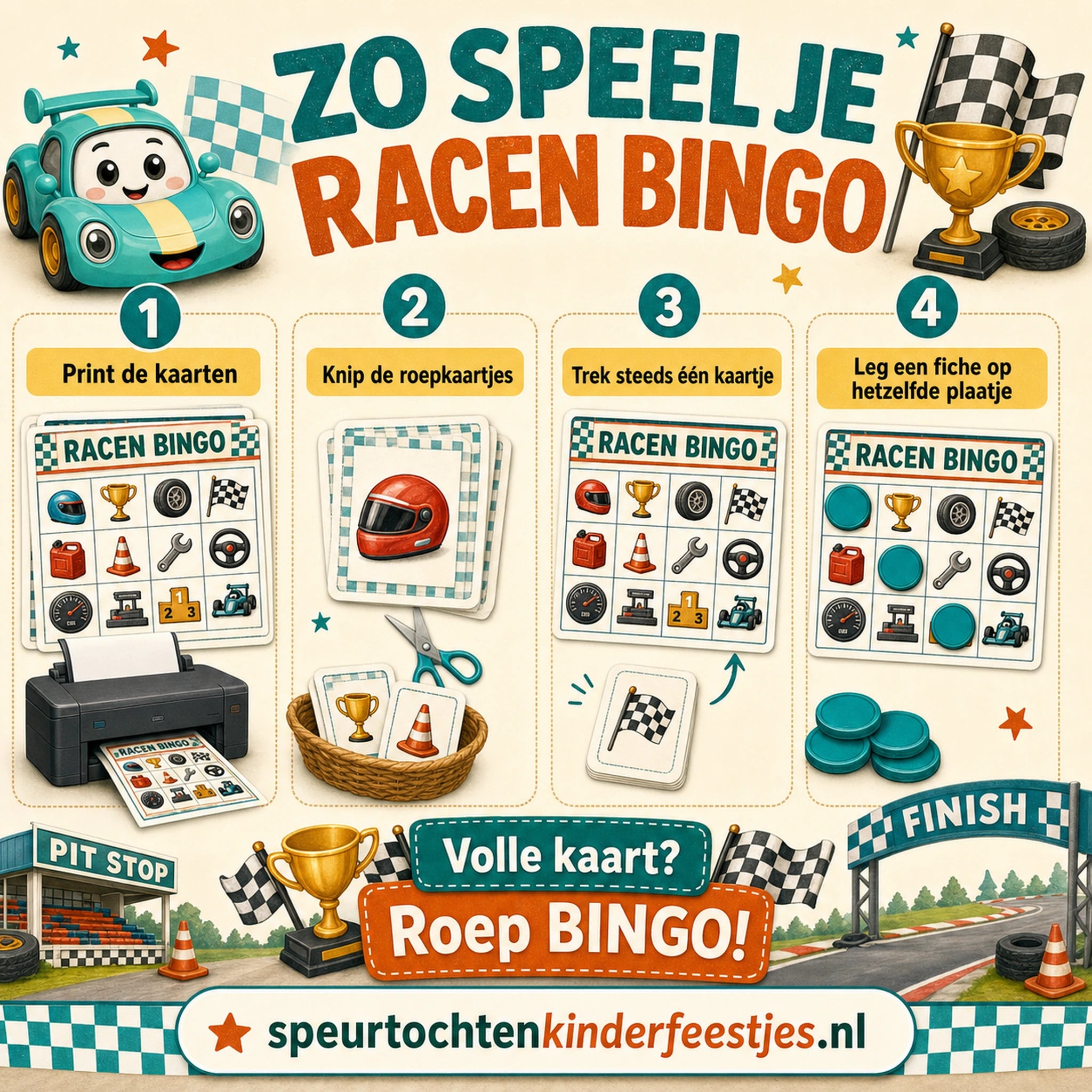 Uitlegbeeld voor het spelen van Racen bingo met kaarten, roepkaartjes en fiches