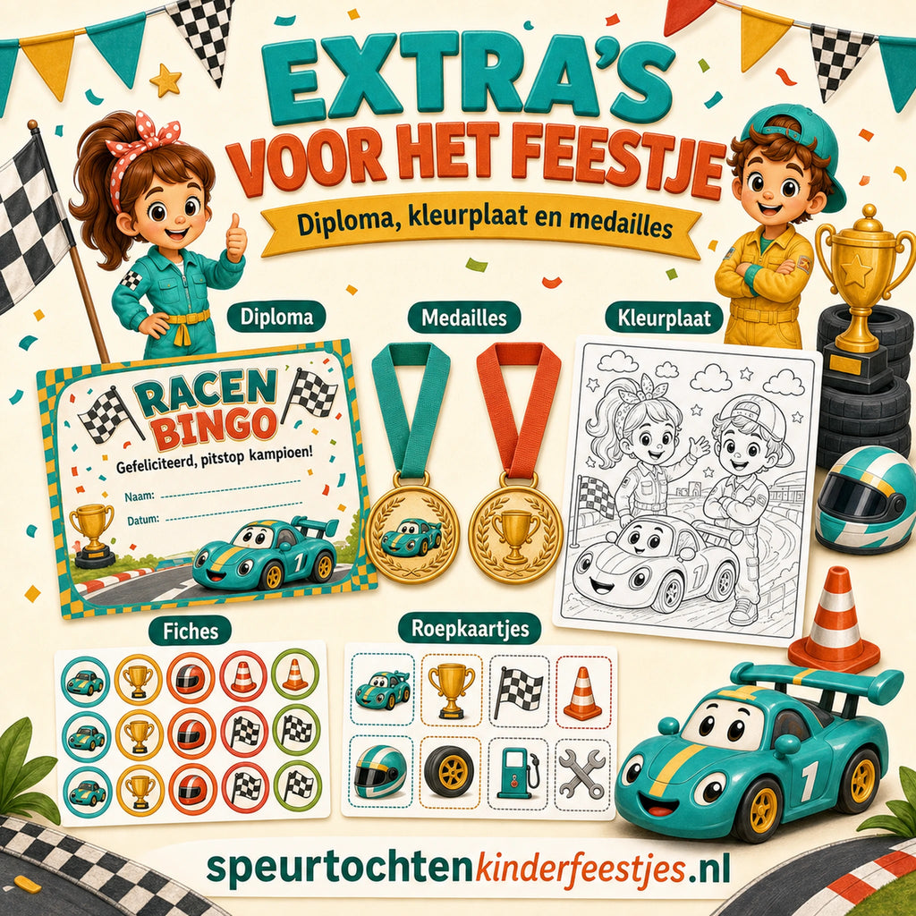 Extra printbare Racen bingo materialen zoals diploma, medailles, kleurplaat en fiches