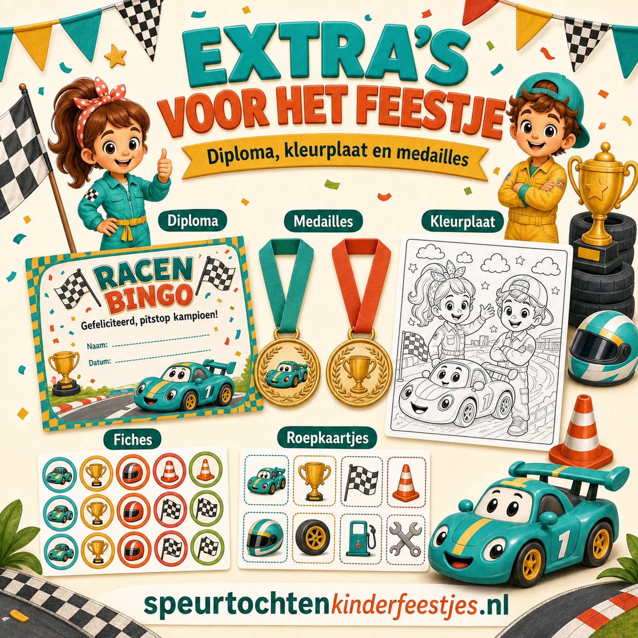Extra printbare Racen bingo materialen zoals diploma, medailles, kleurplaat en fiches
