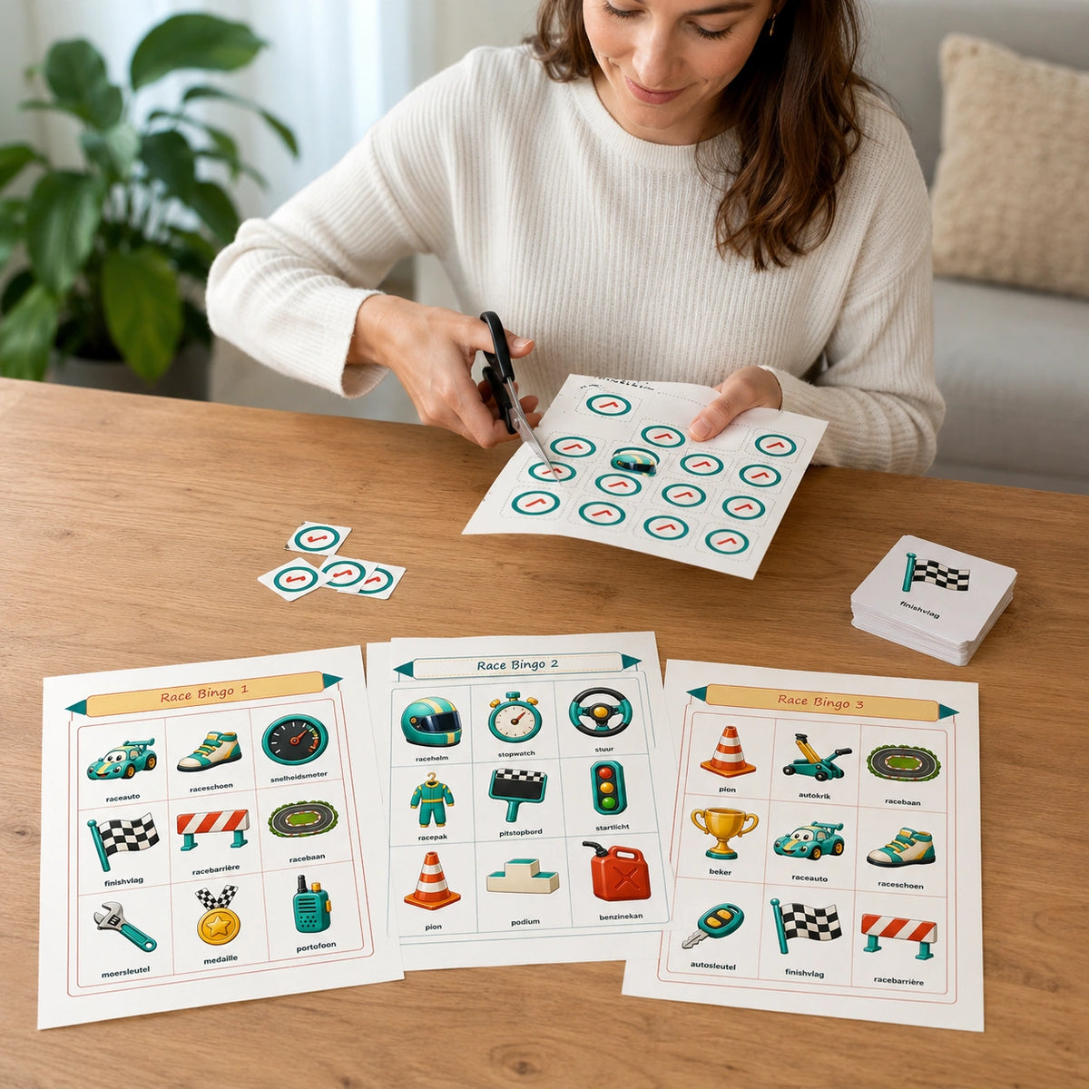 Ouder bereidt de printbare Racen bingo voor.