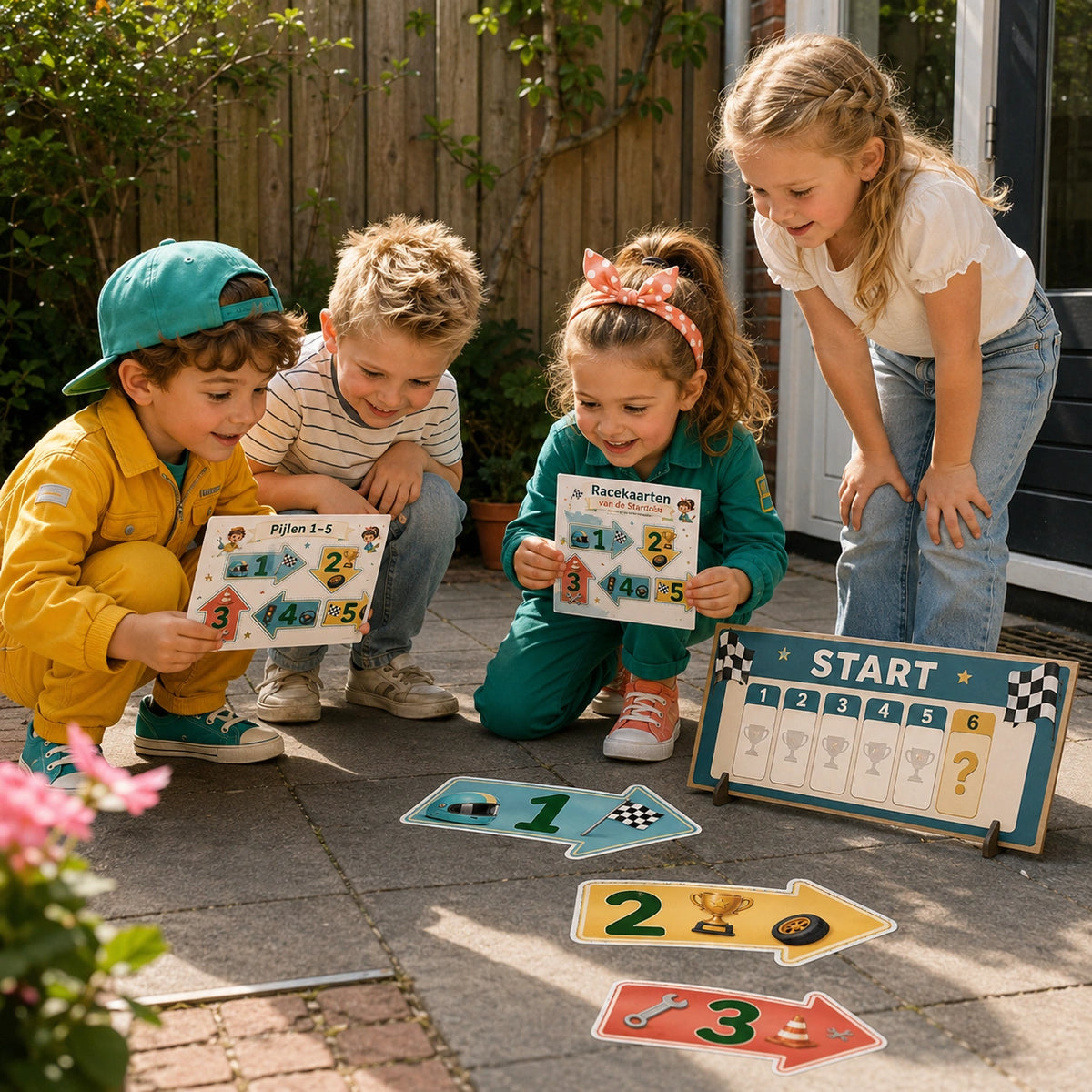 Kinderen spelen de speurtocht uit de Racen kinderfeestje bundel.