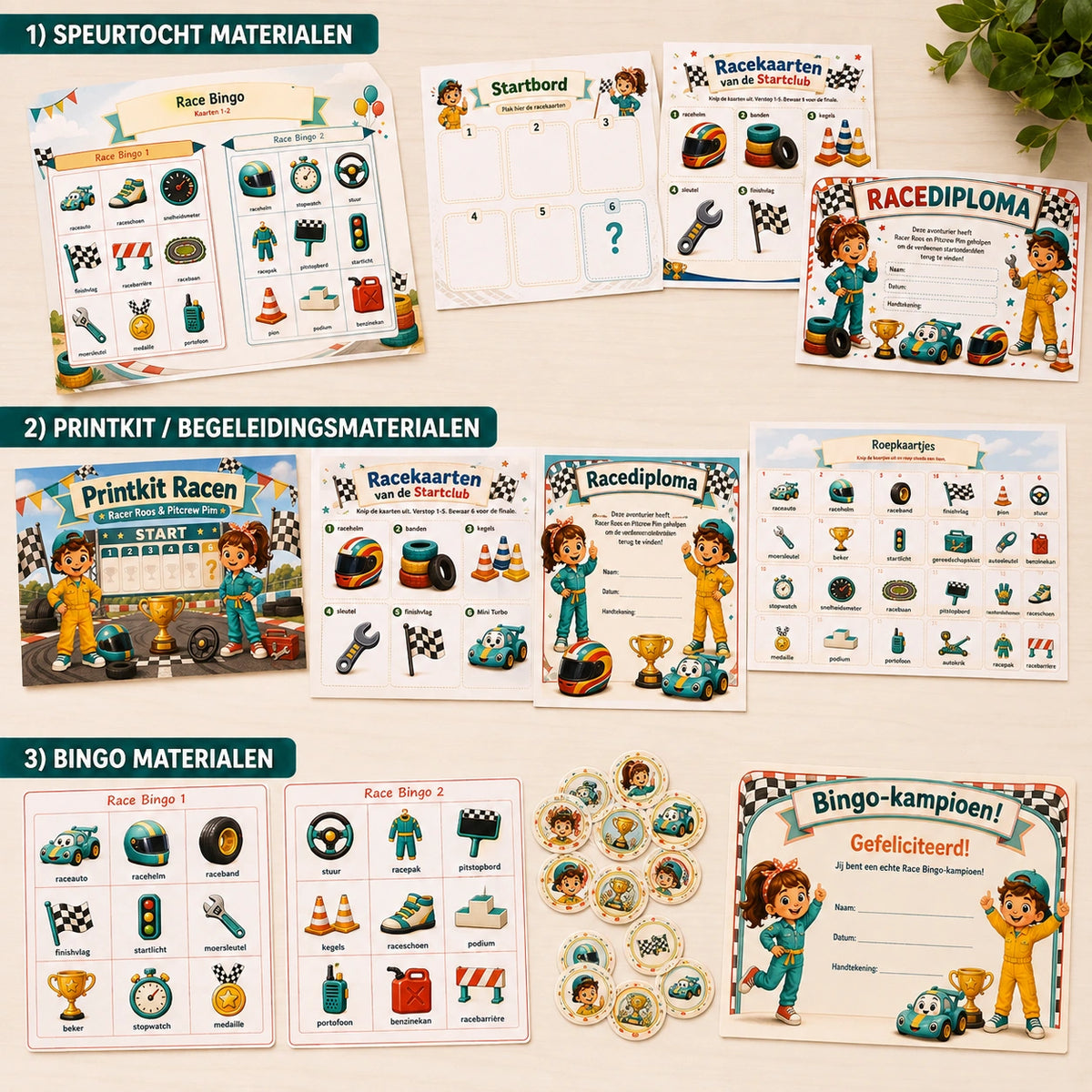 Complete inhoud van de Racen bundel met speurtocht, printkit en bingo.