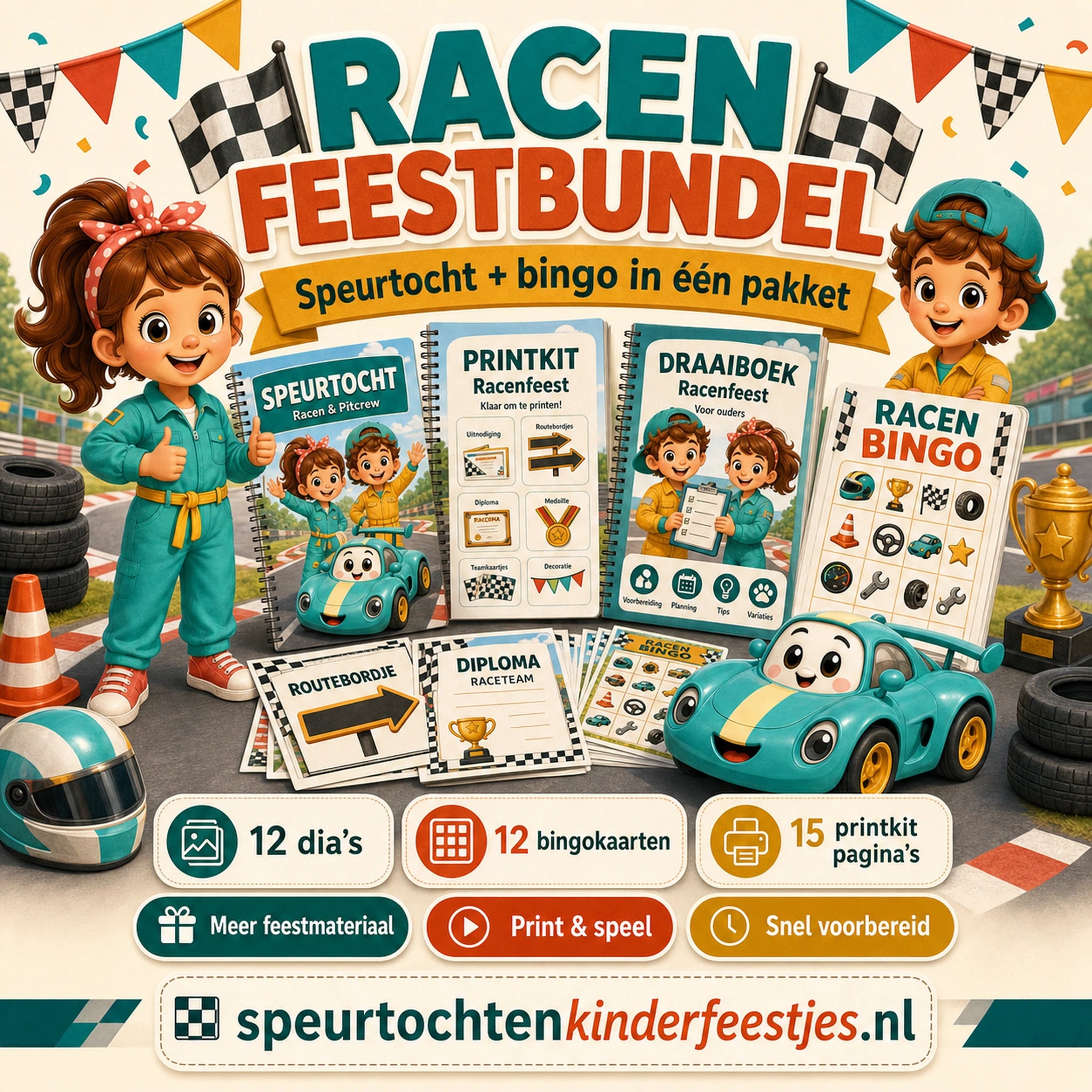 Mockup van de Racen feestbundel met speurtocht, printkit, draaiboek en bingo