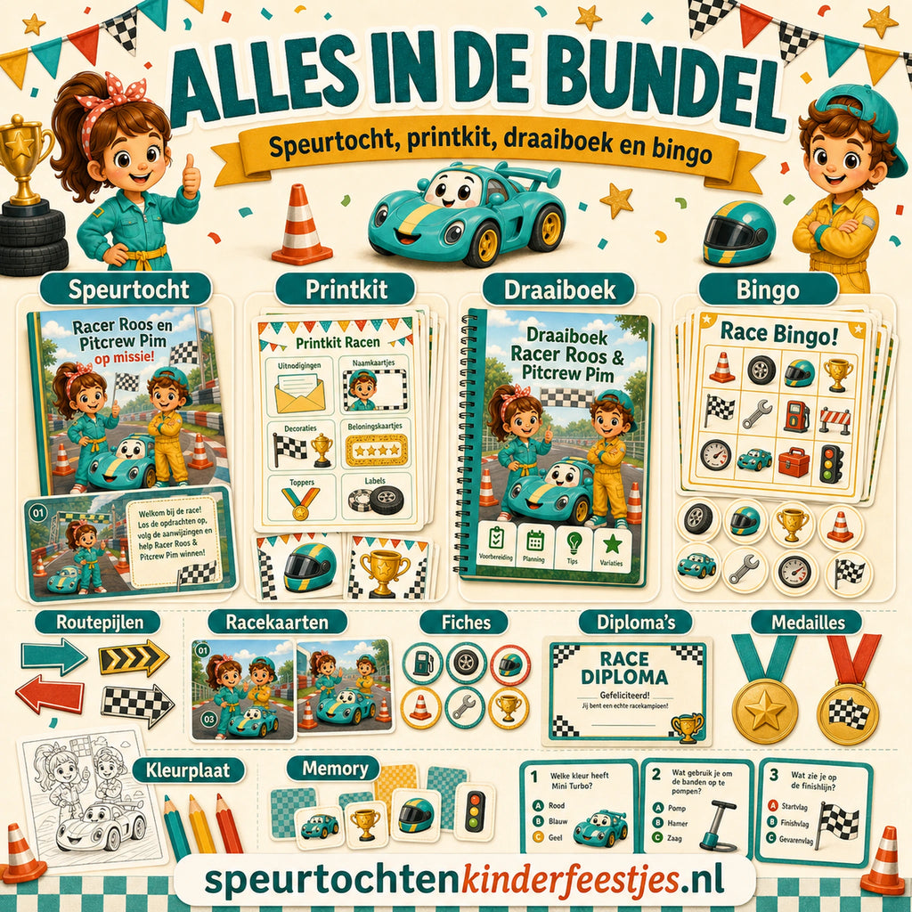Overzicht van de Racen bundel met speurtocht, printkit, draaiboek, bingo en extra feestmateriaal
