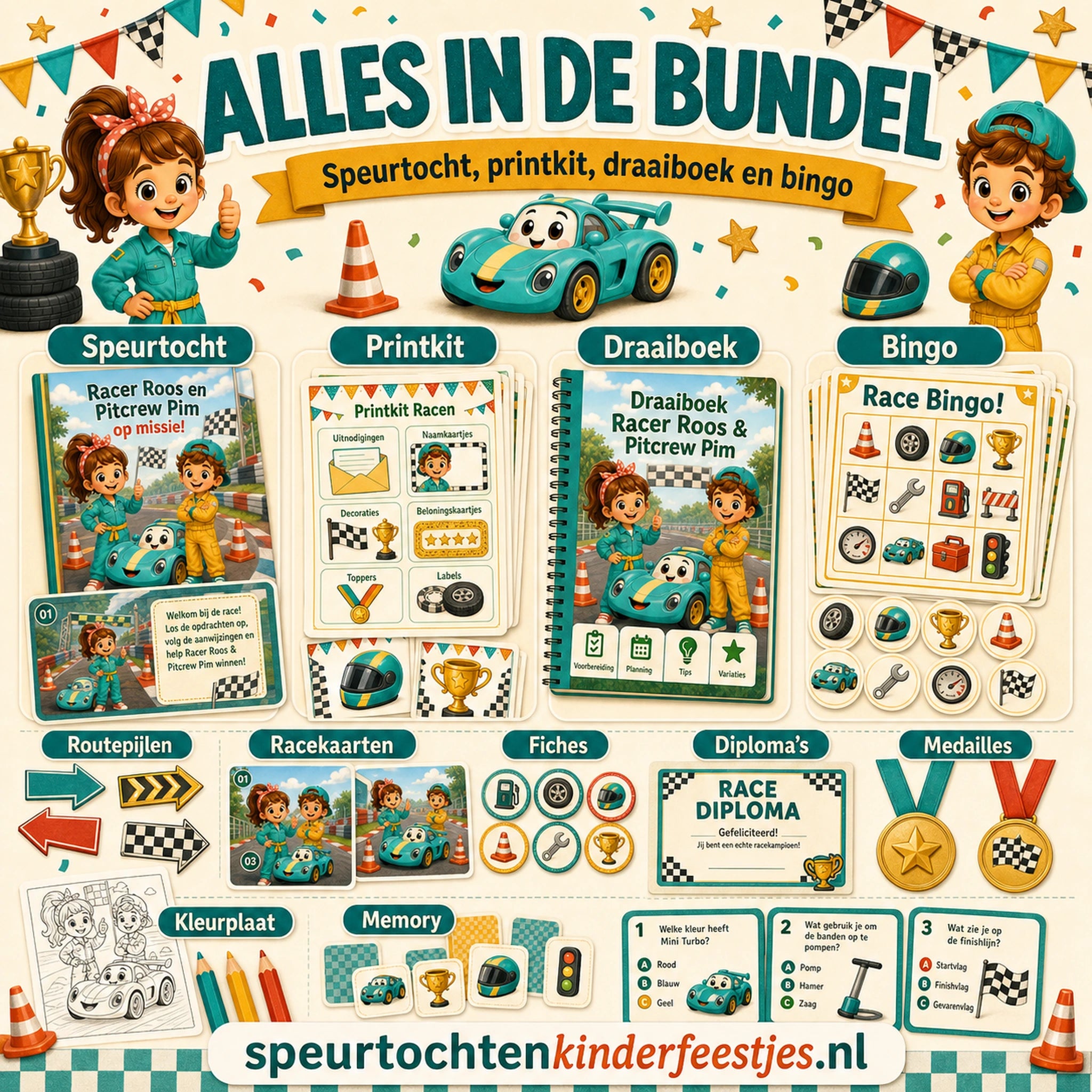 Overzicht van de Racen bundel met speurtocht, printkit, draaiboek, bingo en extra feestmateriaal