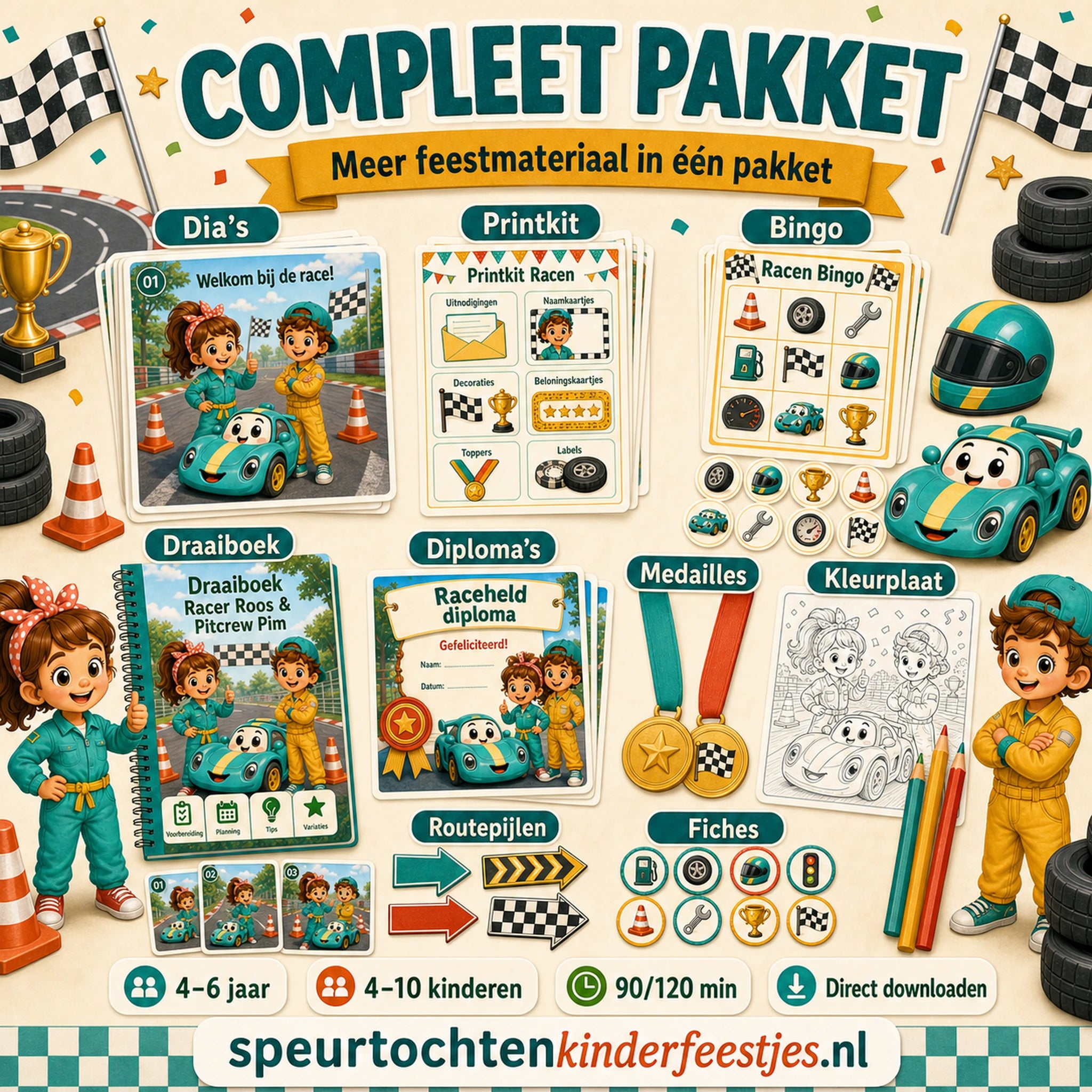 Compleet Racen pakket met speurtocht, printkit, draaiboek, bingo en extra feestmateriaal