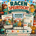 Mockup van de Racen speurtocht met speurtocht, printkit en draaiboek voor een kinderfeestje thuis