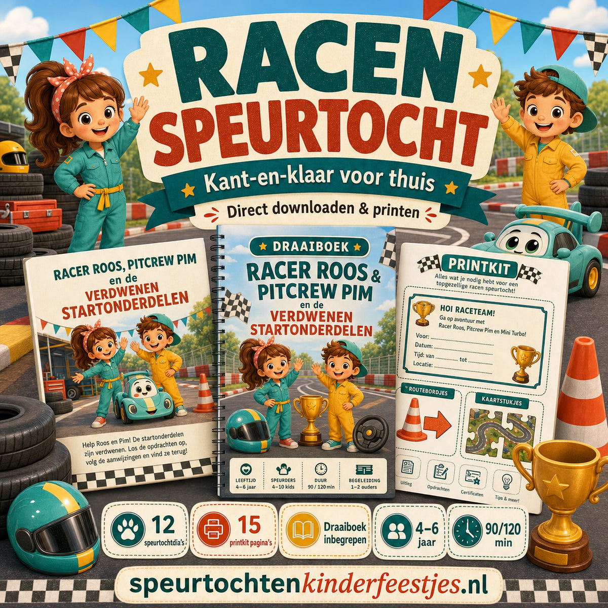 Mockup van de Racen speurtocht met speurtocht, printkit en draaiboek voor een kinderfeestje thuis