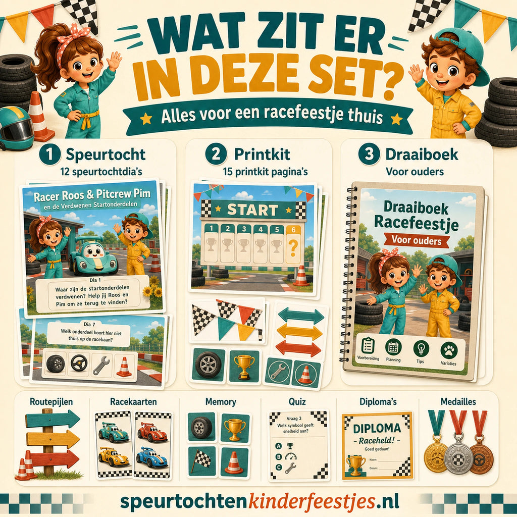 Overzicht van de Racen speurtocht set met speurtochtdia's, printkit en draaiboek