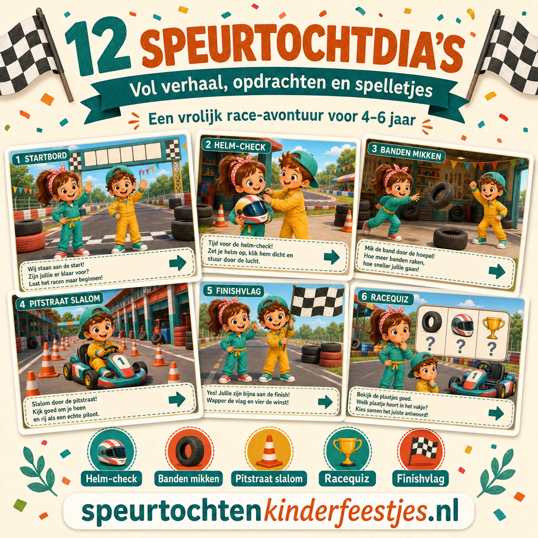 Voorbeeld van twaalf Racen speurtochtdia's met verhaal, opdrachten en spelletjes